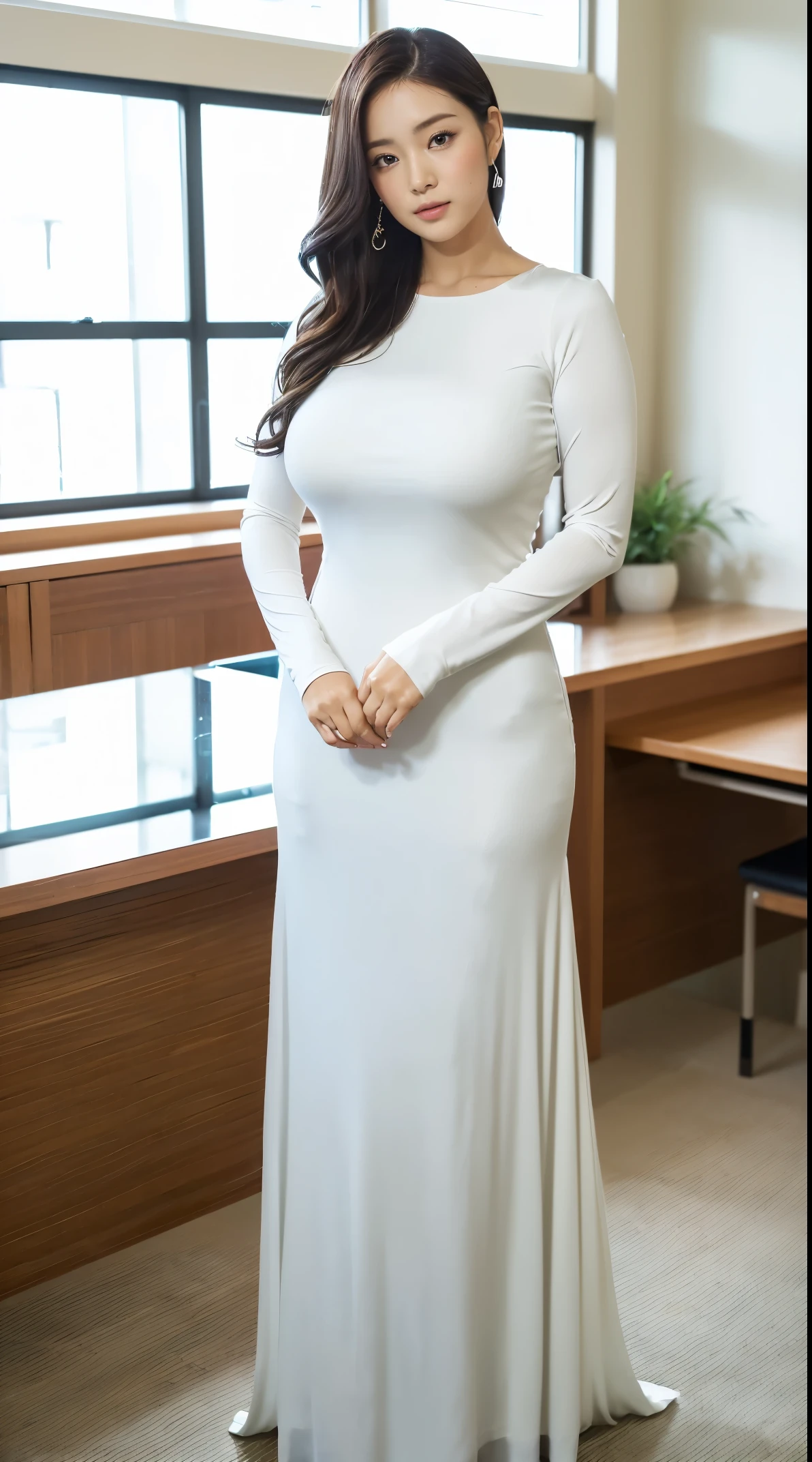 (masutepiece,High quality:1.3),(depth of fields:1.3) ,((front body:1.35)),  Japanese ,woman, cute makeup,standard height, (White Long Sleeve round neck Maxi Tight Dress:1.2), (huge breasts:1.4), thicc, curvy,(Looking at Viewer:1.3),(full body:1.2),Inside the office by the window