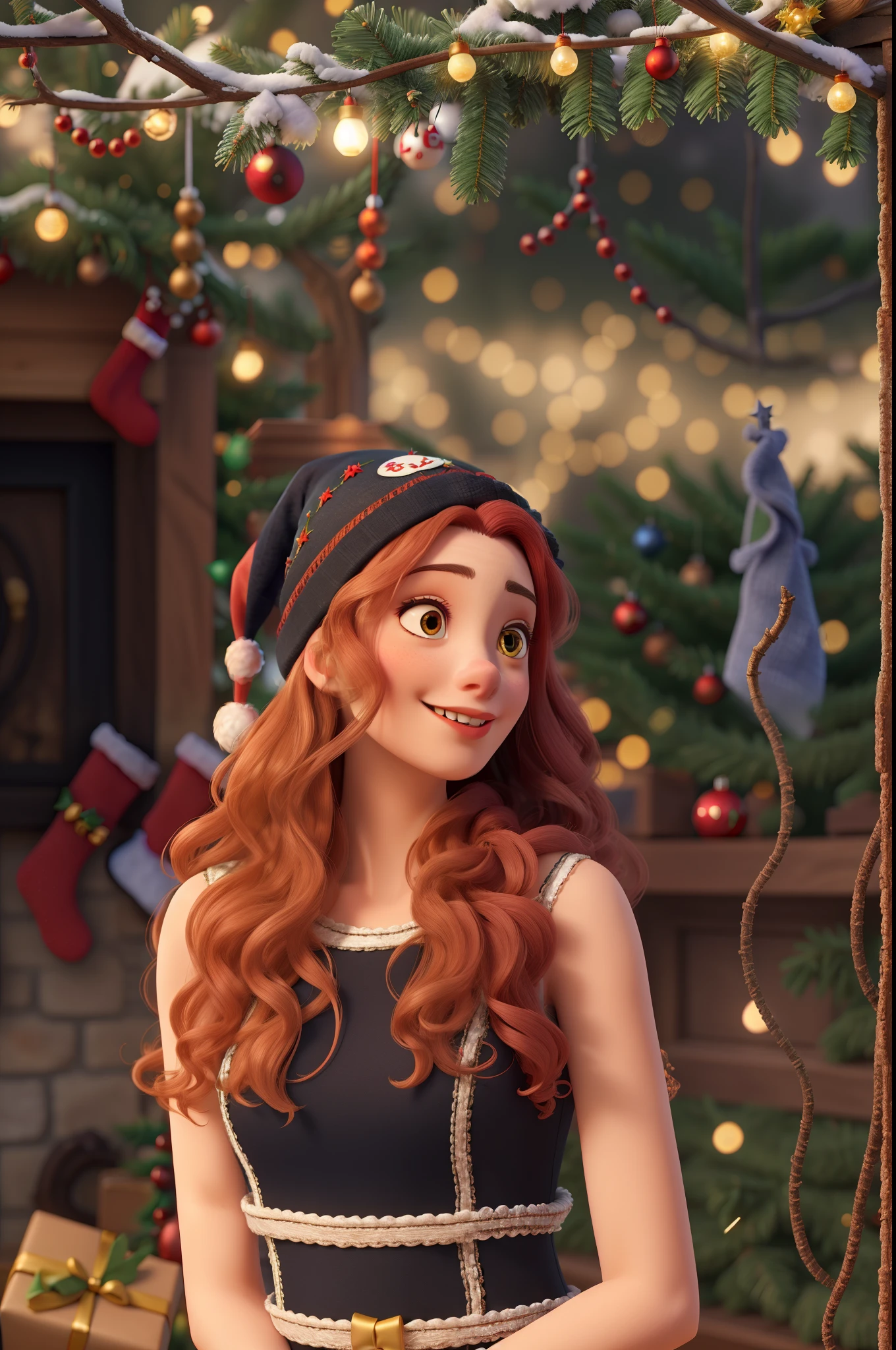 arafed woman with long hair and a black and white dress,HD, (best details), (best quality), disney style, happy, masterpiece, best quality, high resolution, christmas, lights, snow, young people, (((red Christmas hat))) Christmas decoration