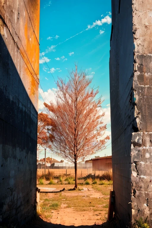 Beco escuro, postes ao redor. Just a dry tree, ao fundo.