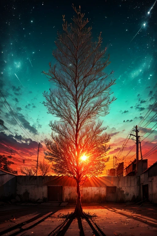 Beco escuro, postes ao redor. Just a dry tree, ao fundo.