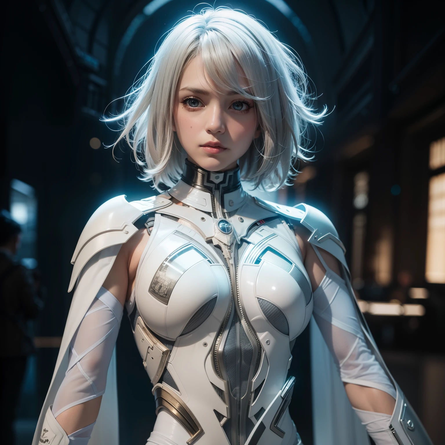 superheroine masterpiece hyperrealist & photorealist beauty young astonishing anime, pearly perfect skin (short bob cut hair) in realistic & hyperdetailed white combat body plugsuit with cape & scarf in 8k, full HD, Arknights aesthetic, midnight aura, glowing, glamour, glow, developed by Unreal Engine 5, Ultra Sharp Focus, Art by Alberto Seveso, Sci-Fi, Intricate Artwork, golden Ratio, epic, HR Giger STYLE, highly detailed, vibrant