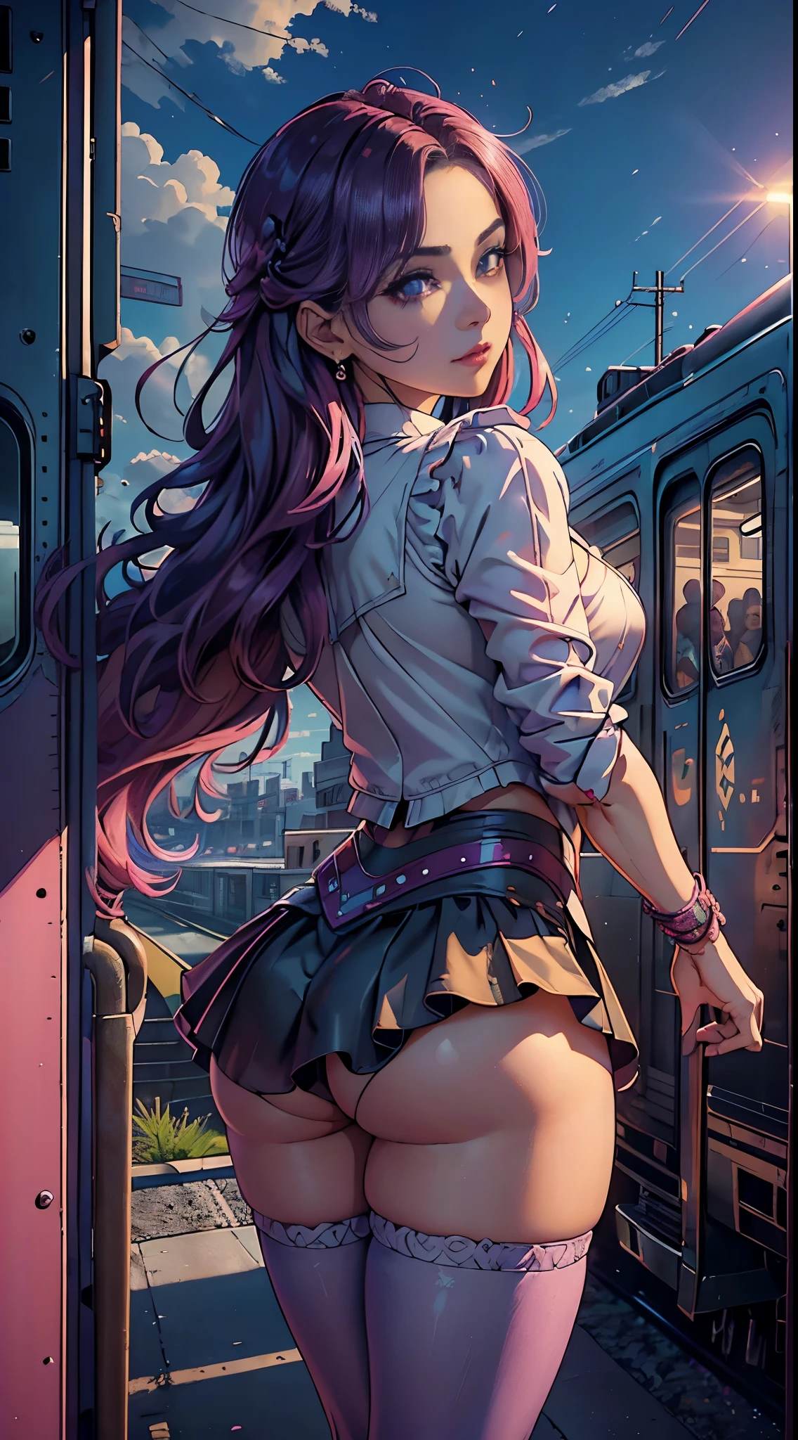 magenta tint、8k,Vibrant colors、((tmasterpiece)))、(((quality)))、((ultra - detailed))、(Surreal)、(Very detailed CG illustration)、offcial art、CD cover、It will be、midsummer、The glorious 1980s、1个Giant Breast Girl,Cool beauty、cochetti gorgeous、incomparable beauty、Hair color、Rock music、jaqueta de couro、Superskirt、butt lift,perfect angle、Perfectcomposition、(evening,trains站楼梯,trains,Cloud),