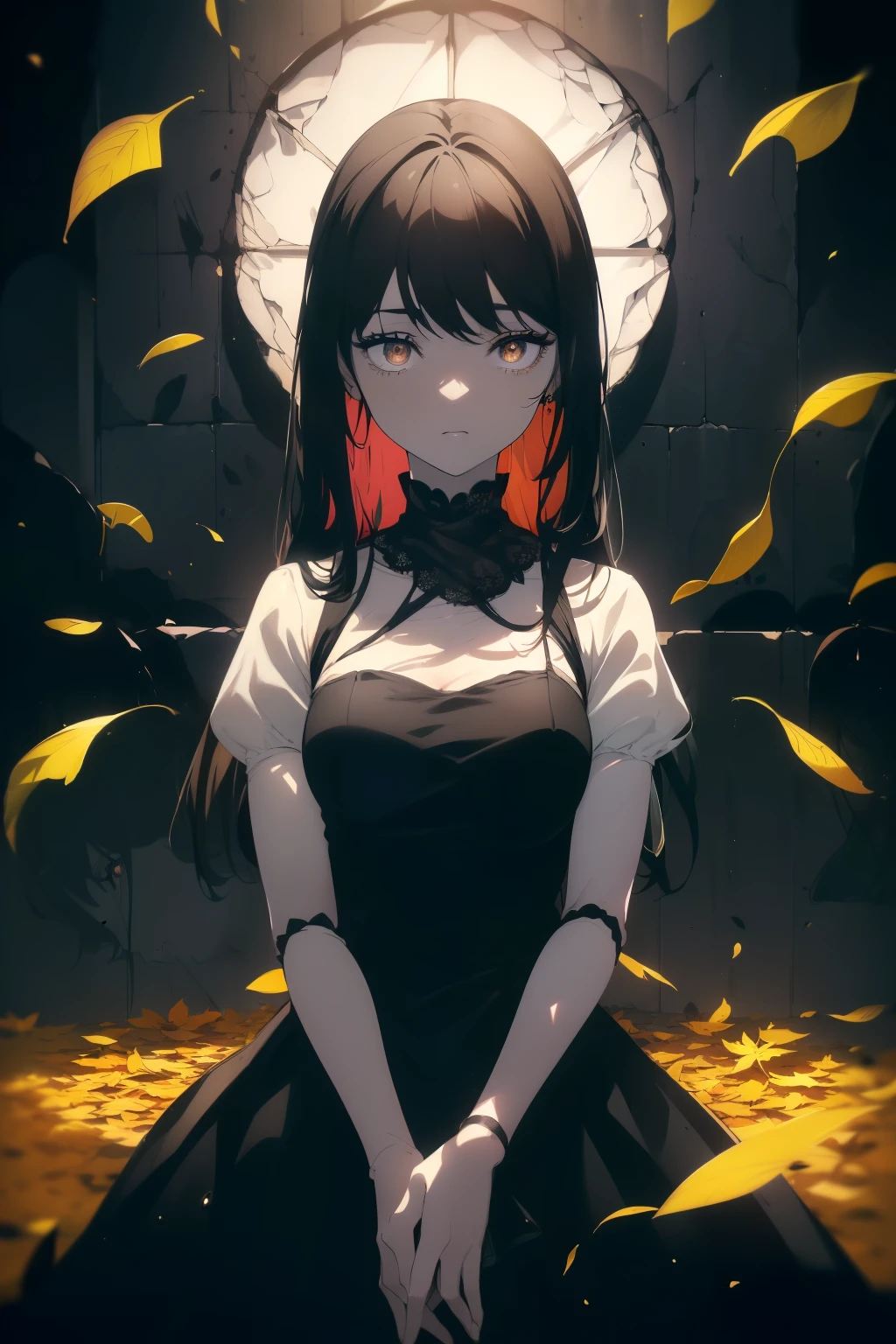 ((((Obra maestra, La mejor calidad, ultrahigh resolution)))), 1girl, happy, standing, ((doll-like dress, doll-like appearance:1.5)), ((waist)), (long black hair), long hair cut, pale skin, ((brown eyes)), ((glowing_eyes)), (((ultra detailed eyes:0.7, beautiful and detailed face, detailed eyes:0.9))), ((centered)), (wide shot), facing viewer, (((outdoors, darkness, falling leaves:0.9))), medium breasts, looking at viewer, ((half closed eyes)), ((perfect hands)), (((head:1, arms, hips in view, elbows, thighs, in view))), ((hands at sides)), lively eyes, beautiful lighting, outside, outdoors, background, ((defined subject)), 25 years old, (head tilt), ((((cool)))), ((lively)), (((high contrast)))