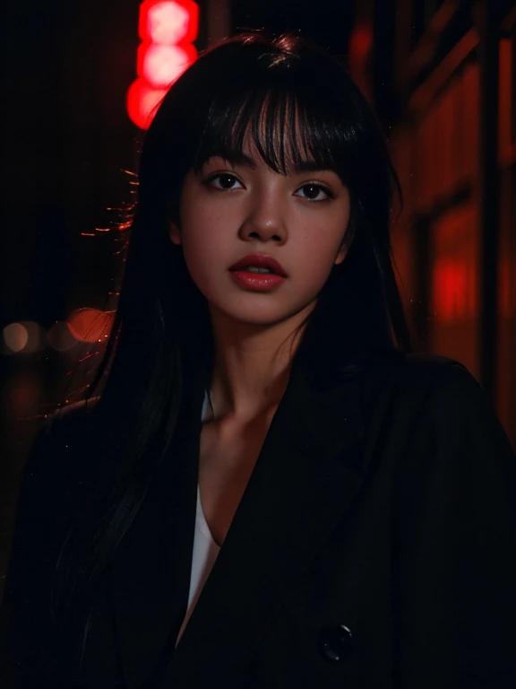 Best quality, masterpiece, ultra high res, (photorealistic:1.4), raw photo, 1girl, in the dark, deep shadow, low key, cold light, closeup, on the streets of Japan, night time , rainy night, Japan streets , neon lighting background