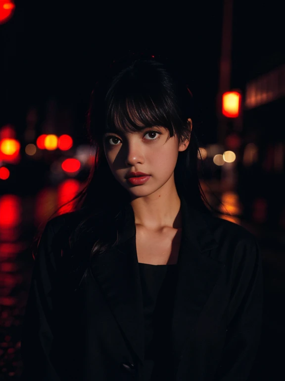 Best quality, masterpiece, ultra high res, (photorealistic:1.4), raw photo, 1girl, in the dark, deep shadow, low key, cold light, closeup, on the streets of Japan, night time , rainy night, Japan streets , neon lighting background