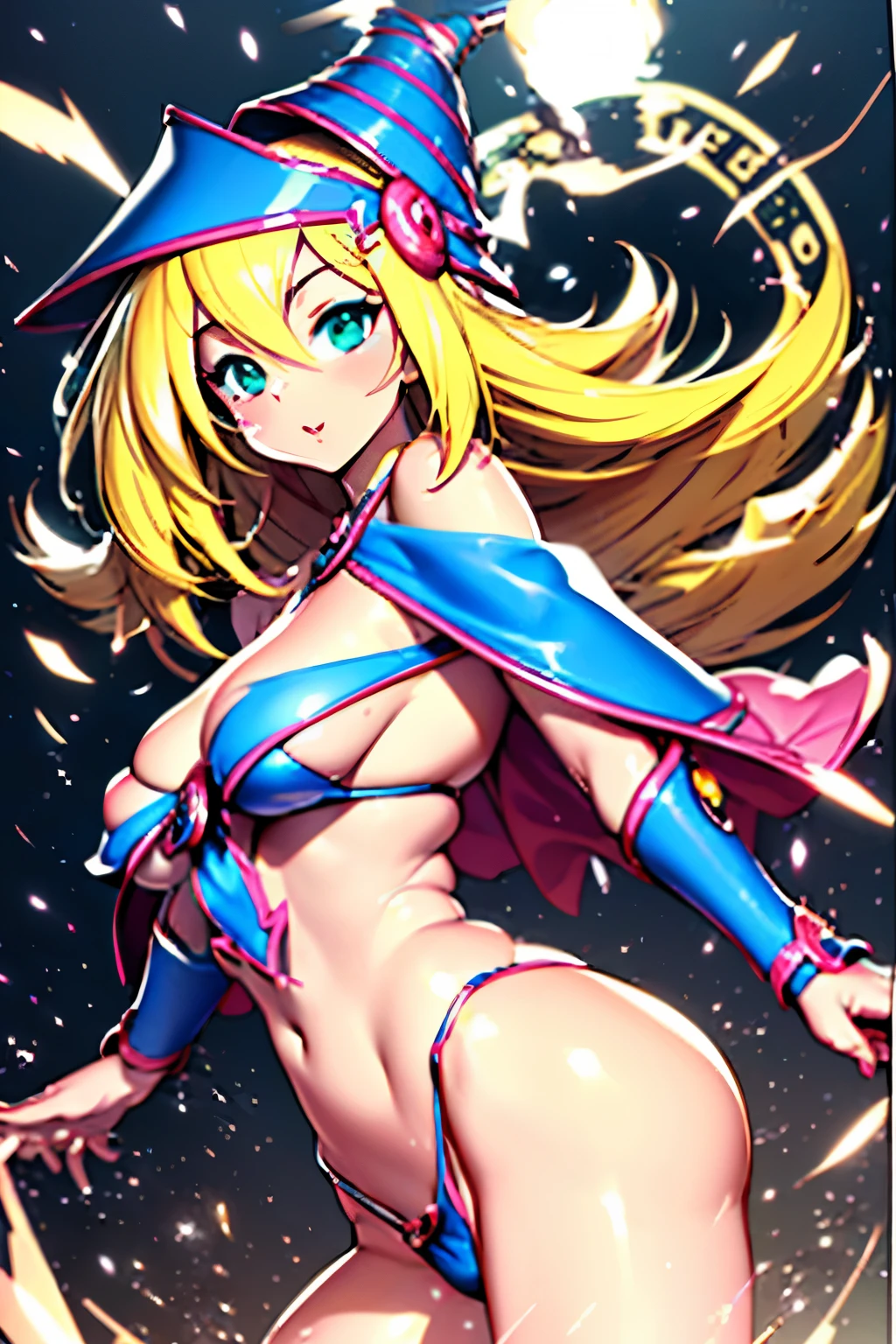 (Obra maestra:1.2), (La mejor calidad:1.2), Perfect lighting, Chica Maga Oscura lanzando un hechizo, flotando en el aire, tetas grandes, escote, fondo de magia, desde arriba, Destellos de luz. Pose sejustiva y sexy. Fondo de paisaje chino