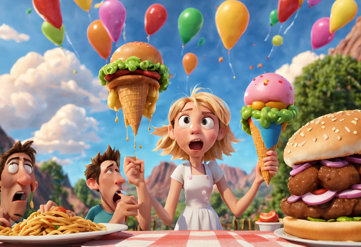 A scene from the movie "Cloudy with a Chance of Meatballs" with a detailed and vivid description of the food raining from the sky (best quality, 4k, 8k, high resolution, masterpiece: 1.2) ultra detailed (realistic, photorealistic, photography). -realistic: 1.37).(pixar style cartoon:1.2) representation of various types of food, such as hamburgers, hot dogs, spaghetti and ice cream cones, shining with vibrant colors and textures. Food falls gracefully from the sky, defying gravity, clinging to the characters' hair, clothes, and faces. The characters, including Flint Lockwood and Sam Sparks, are amazed, their eyes wide with excitement and amazement. The scene is captured in a fun, cartoonish style, reminiscent of an animated film. The colors are bright and cheerful, with a touch of surrealism, as if the food came to life. The lighting is soft and warm, casting a soft glow on the characters and the falling food, creating a welcoming atmosphere. Overall, the scene is a joyful celebration of food, imagination, and the sheer wonder of unexpected miracles.