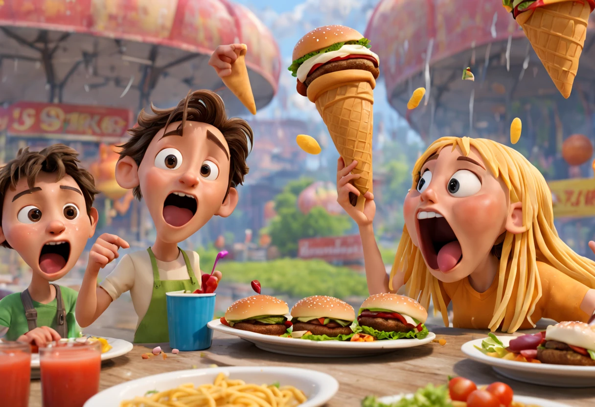 A scene from the movie "Cloudy with a Chance of Meatballs" with a detailed and vivid description of the food raining from the sky (best quality, 4k, 8k, high resolution, masterpiece: 1.2) ultra detailed (realistic, photorealistic, photography). -realistic: 1.37).(pixar style cartoon:1.2) representation of various types of food, such as hamburgers, hot dogs, spaghetti and ice cream cones, shining with vibrant colors and textures. Food falls gracefully from the sky, defying gravity, clinging to the characters' hair, clothes, and faces. The characters, including Flint Lockwood and Sam Sparks, are amazed, their eyes wide with excitement and amazement. The scene is captured in a fun, cartoonish style, reminiscent of an animated film. The colors are bright and cheerful, with a touch of surrealism, as if the food came to life. The lighting is soft and warm, casting a soft glow on the characters and the falling food, creating a welcoming atmosphere. Overall, the scene is a joyful celebration of food, imagination, and the sheer wonder of unexpected miracles.