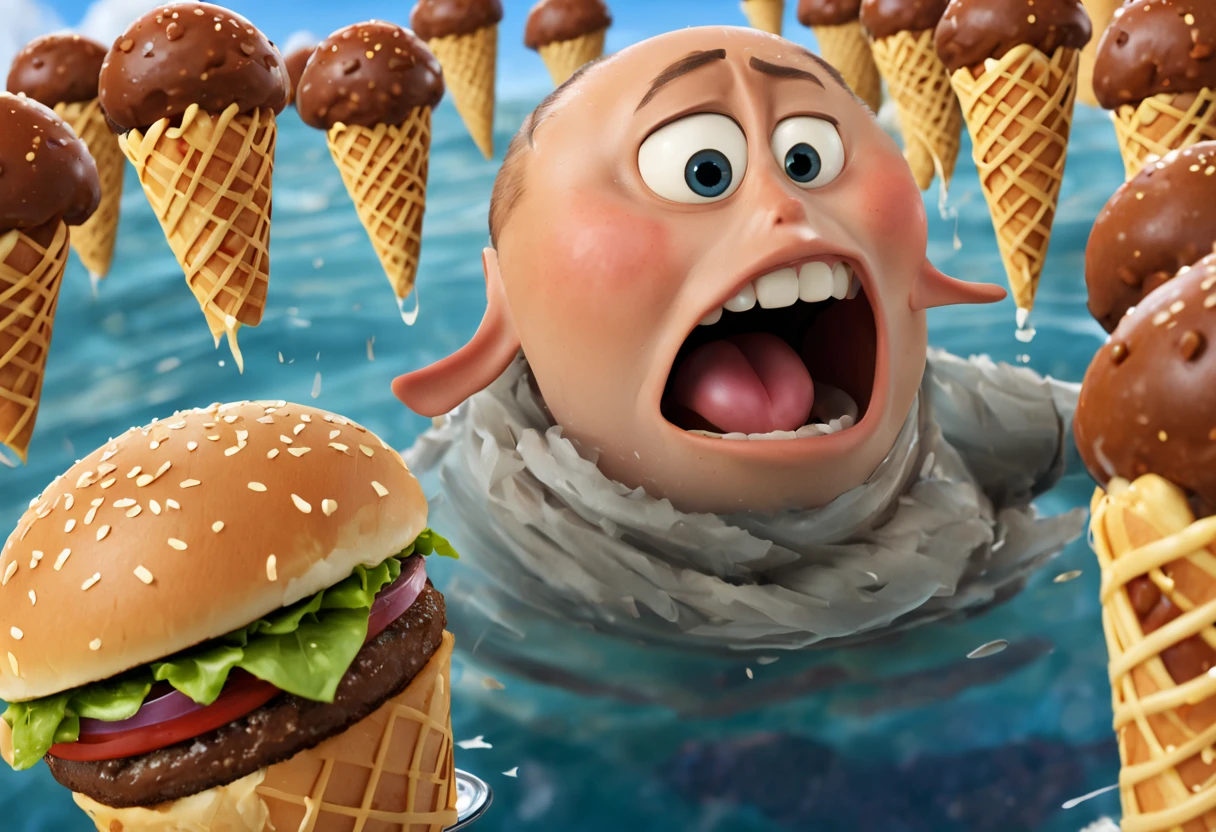 A scene from the movie "Cloudy with a Chance of Meatballs" with a detailed and vivid description of the food raining from the sky (best quality, 4k, 8k, high resolution, masterpiece: 1.2) ultra detailed (realistic, photorealistic, photography). -realistic: 1.37).(pixar style cartoon:1.2) representation of various types of food, such as hamburgers, hot dogs, spaghetti and ice cream cones, shining with vibrant colors and textures. Food falls gracefully from the sky, defying gravity, clinging to the characters' hair, clothes, and faces. The characters, including Flint Lockwood and Sam Sparks, are amazed, their eyes wide with excitement and amazement. The scene is captured in a fun, cartoonish style, reminiscent of an animated film. The colors are bright and cheerful, with a touch of surrealism, as if the food came to life. The lighting is soft and warm, casting a soft glow on the characters and the falling food, creating a welcoming atmosphere. Overall, the scene is a joyful celebration of food, imagination, and the sheer wonder of unexpected miracles.