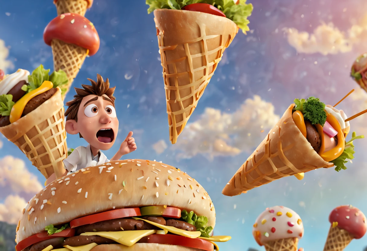 A scene from the movie "Cloudy with a Chance of Meatballs" with a detailed and vivid description of the food raining from the sky (best quality, 4k, 8k, high resolution, masterpiece: 1.2) ultra detailed (realistic, photorealistic, photography). -realistic: 1.37).(pixar style cartoon:1.2) representation of various types of food, such as hamburgers, hot dogs, spaghetti and ice cream cones, shining with vibrant colors and textures. Food falls gracefully from the sky, defying gravity, clinging to the characters' hair, clothes, and faces. The characters, including Flint Lockwood and Sam Sparks, are amazed, their eyes wide with excitement and amazement. The scene is captured in a fun, cartoonish style, reminiscent of an animated film. The colors are bright and cheerful, with a touch of surrealism, as if the food came to life. The lighting is soft and warm, casting a soft glow on the characters and the falling food, creating a welcoming atmosphere. Overall, the scene is a joyful celebration of food, imagination, and the sheer wonder of unexpected miracles.