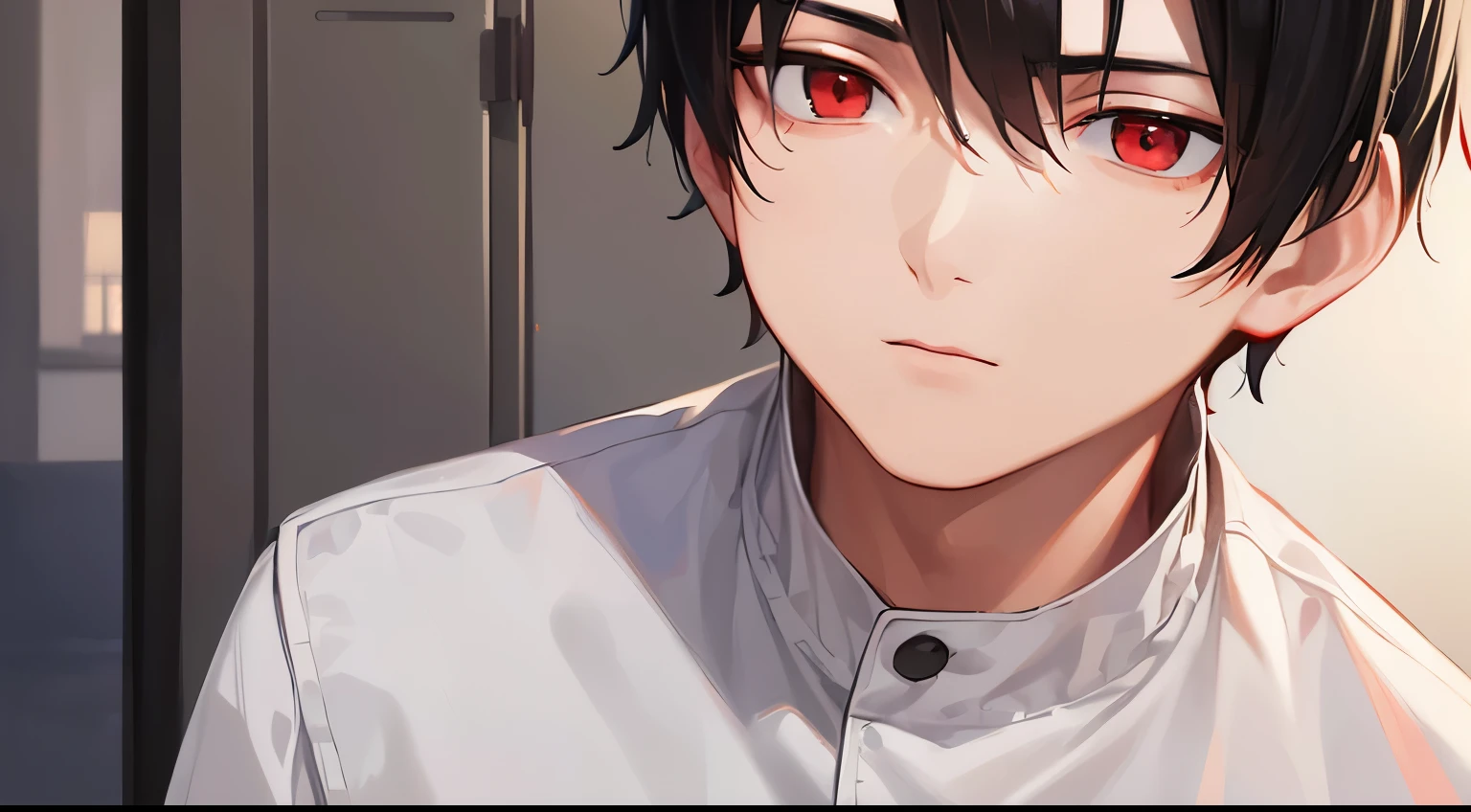 Anime boy with red eyes staring at camera in front of a door - SeaArt AI