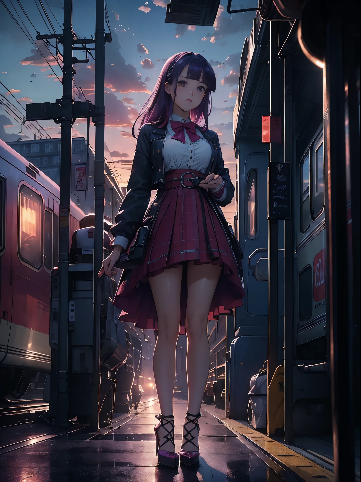 magenta tint、Vibrant colors、((tmasterpiece)))、(((quality)))、((ultra - detailed))、(Surreal)、(Very detailed CG illustration)、Cinematic lightinidsummer、The glorious 1980s、1个Giant Breast Girl,Cool beauty、cochetti gorgeous、incomparable beauty、Hair color、Rock music、jaqueta de couro、Superskirt、(high-heels),perfectly proportions、Perfectcomposition、((twilight,trains,Cloud)),