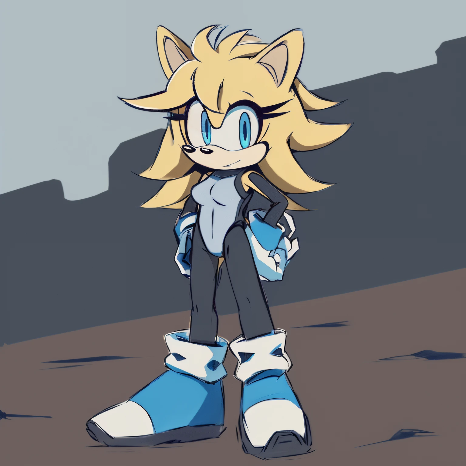 Female, Mobian, Tenrec, one hand on hip, (((2D Anime Style))), (solo), (1girl), high quality digital art, black and blue neon lines sketch art, wasteland and semi-cloudy sky background, a blonde furred female anthropomorphic Tenrec, has glowing light blue eyes, (((light blonde fur))), standing up, (((VERY long blonde quills/hair))), (large and long hair bangs), wispy lines, futuristic white and light blue leotard, knee high boots, white arm warmers, white gloves, (average sized breast), serious but slightly nervous, (facing viewer)