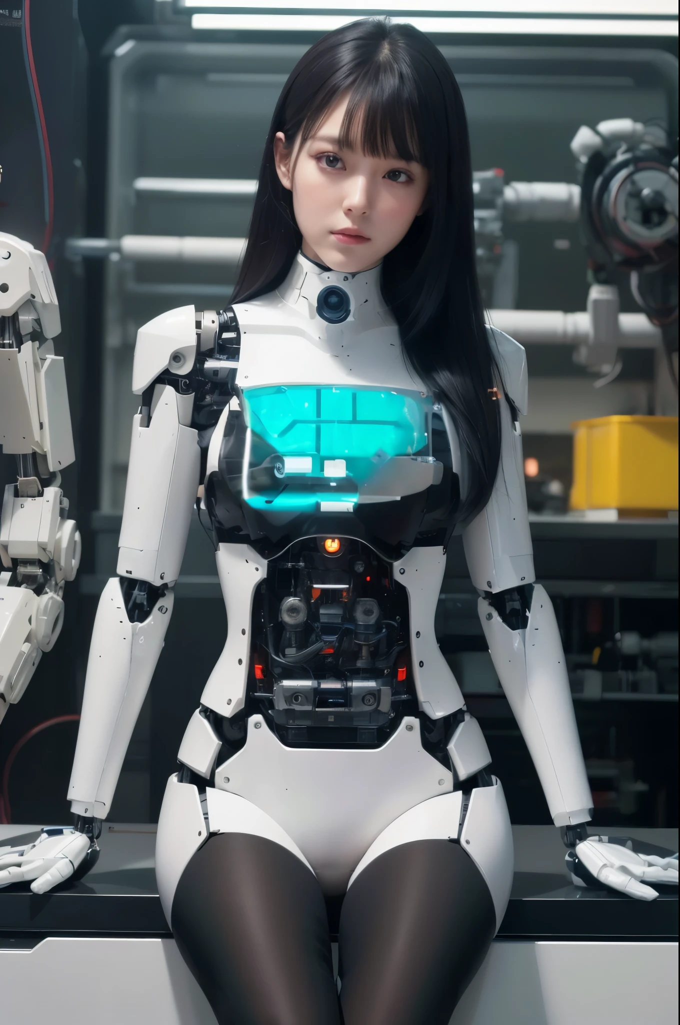 (photorealistic:1.4), (RAW photo)(photorealistic:1.4), (RAW photo)masterpiece, best quality, extremely detailed, (8K, 4K, Best Quality, hight resolution, 超A high resolution:1.1), 8K portrait,1girl in, Japaese android girl,android teacher,Plump , control panels,android,Droid,Mechanical Hand, ,Robot arms and legs, Black hair,Mechanical body,Blunt bangs,White Robotics Parts,perfect robot woman,Charging spot,Long Tube,A thick cable was connected to her neck,ceramic body ,android,robot humanoid,a bit chubby,panty,full eyes,perfect mechanical body,white robotics body,future assembly plant,white body,She has repaired,black sponge joints,android assembly plant,android,laboratory,perfect machine body,white robot body,the exhaust port is between the legs,dark black leggings,