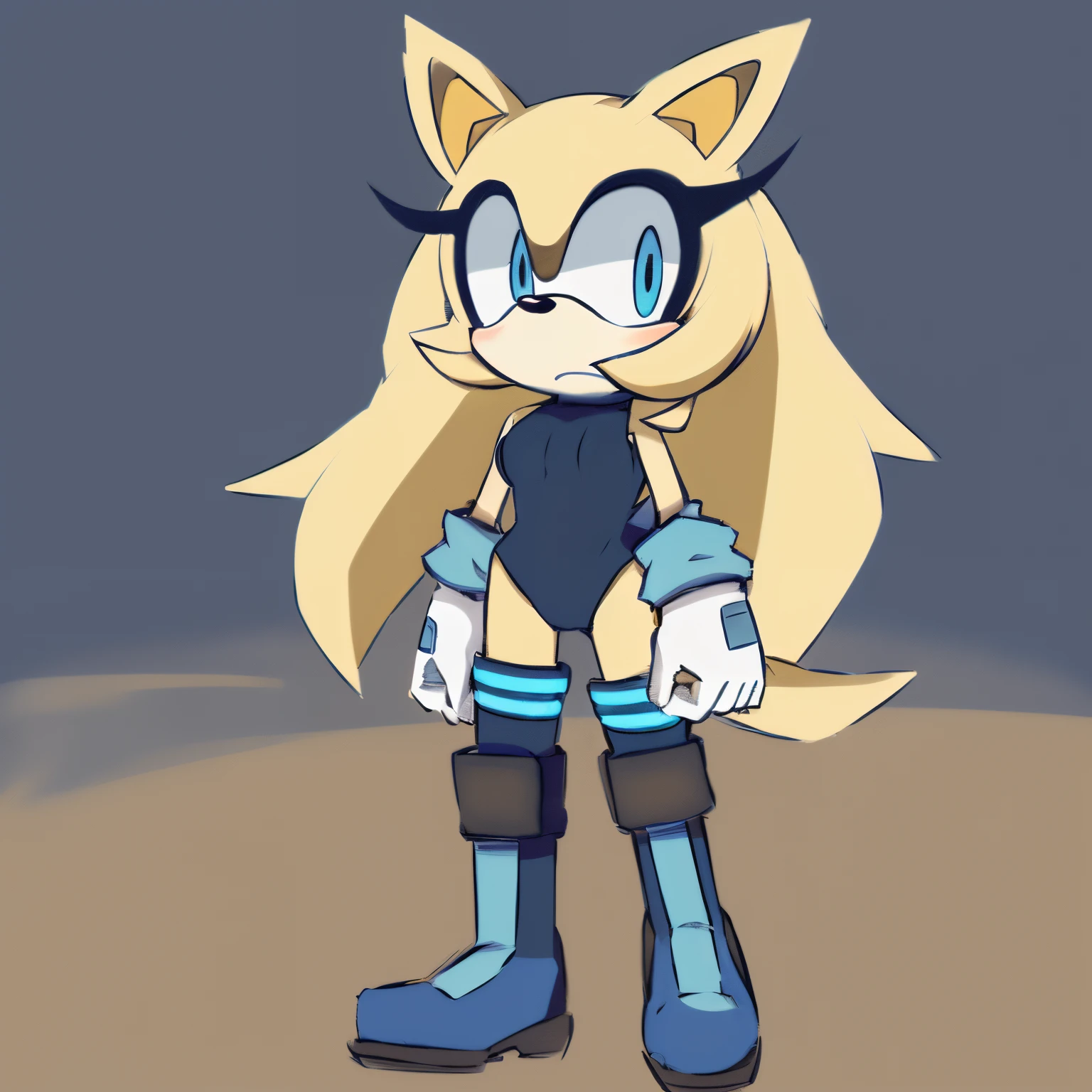 Female, Mobian, Tenrec, one hand on hip, (((2D Anime Style))), (solo), (1girl), high quality digital art, black and blue neon lines sketch art, wasteland and semi-cloudy sky background, a blonde furred female anthropomorphic Tenrec, has glowing light blue eyes, (((light blonde fur))), standing up, (((VERY long blonde quills/hair))), (large and long hair bangs), wispy lines, futuristic white and light blue leotard, knee high boots, white arm warmers, white gloves, (average sized breast), serious but slightly nervous, (facing viewer)