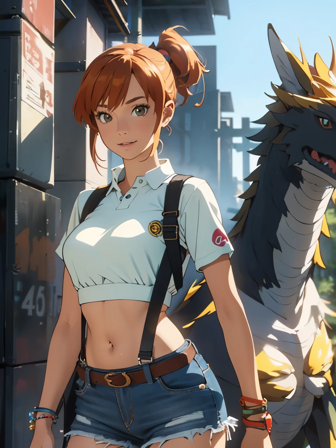 1girl, Misty from Pokémon, standing outdoors with a confident smile. Orange hair styled in a side ponytail, wearing denim shorts with suspenders, yellow crop top that shows off her midriff and navel. Yellow tank top. Cowboy shot posture exudes confidence and strength.
Misty is accompanied by a cute Dragon.
Overall, the image is a masterpiece, with high-quality details and a realistic rendering of Misty, her outfit, and her companion dragon. The colors are vivid and eye-catching, and the image is high-resolution, capturing every nuance of Misty's confident and adventurous spirit.