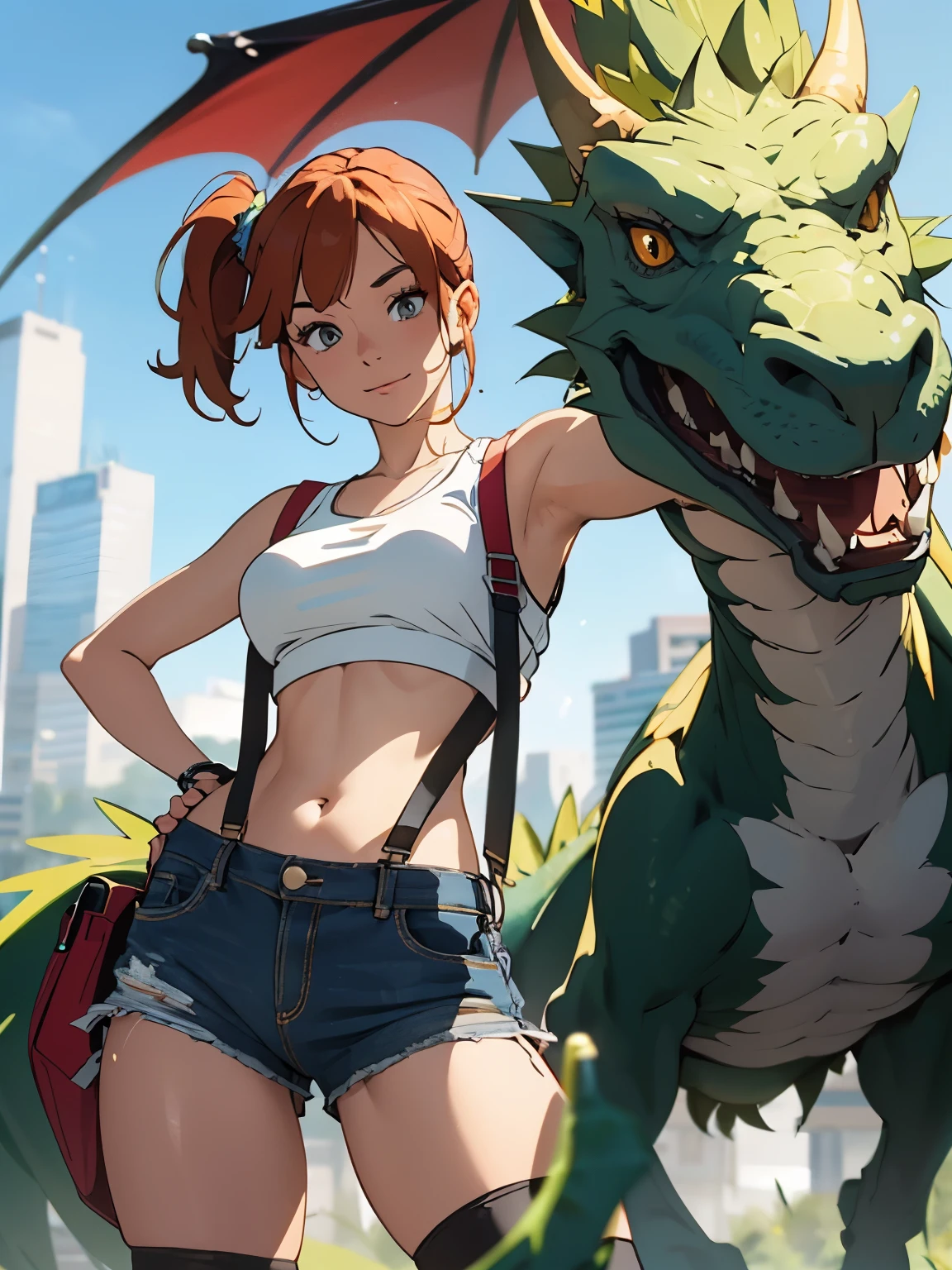 1girl, Misty from Pokémon, standing outdoors with a confident smile. Orange hair styled in a side ponytail, wearing denim shorts with suspenders, yellow crop top that shows off her midriff and navel. Yellow tank top. Cowboy shot posture exudes confidence and strength.

Misty is accompanied by a cute Dragon.

Overall, the image is a masterpiece, with high-quality details and a realistic rendering of Misty, her outfit, and her companion dragon. The colors are vivid and eye-catching, and the image is high-resolution, capturing every nuance of Misty's confident and adventurous spirit.