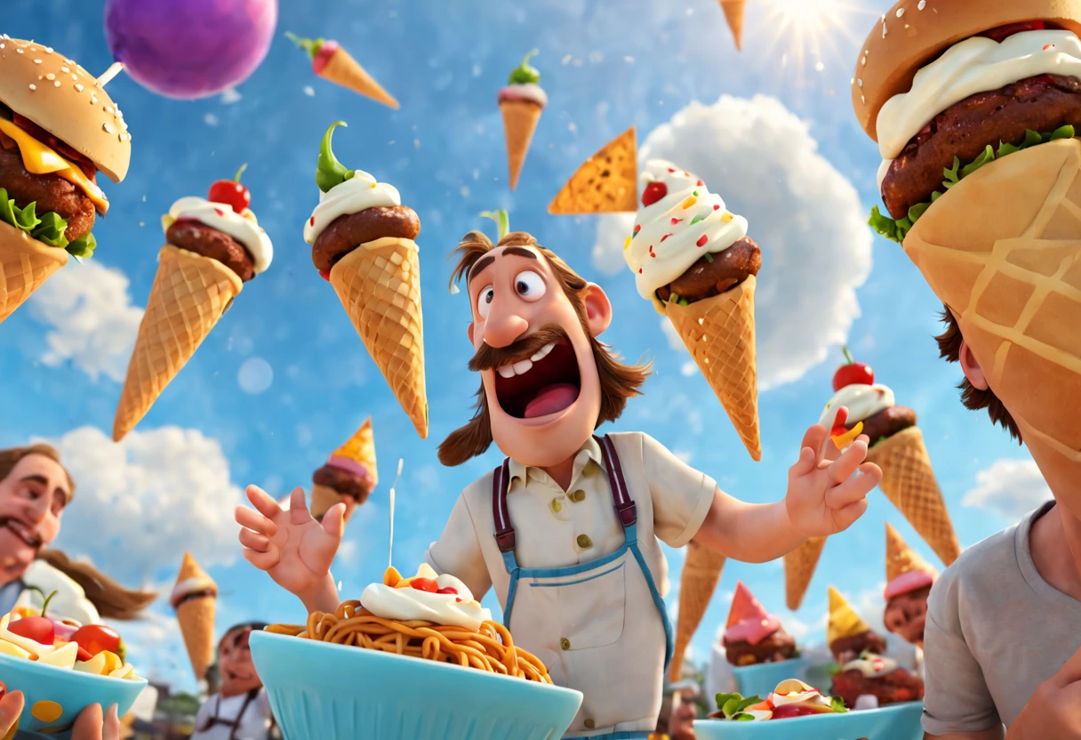 A scene from the movie "Cloudy with a Chance of Meatballs" with a detailed and vivid description of the food raining from the sky (best quality, 4k, 8k, high resolution, masterpiece: 1.2) ultra detailed (realistic, photorealistic, photography). -realistic: 1.37).(pixar style cartoon:1.2) representation of various types of food, such as hamburgers, hot dogs, spaghetti and ice cream cones, shining with vibrant colors and textures. Food falls gracefully from the sky, defying gravity, clinging to the characters' hair, clothes, and faces. The characters, including Flint Lockwood and Sam Sparks, are amazed, their eyes wide with excitement and amazement. The scene is captured in a fun, cartoonish style, reminiscent of an animated film. The colors are bright and cheerful, with a touch of surrealism, as if the food came to life. The lighting is soft and warm, casting a soft glow on the characters and the falling food, creating a welcoming atmosphere. Overall, the scene is a joyful celebration of food, imagination, and the sheer wonder of unexpected miracles.