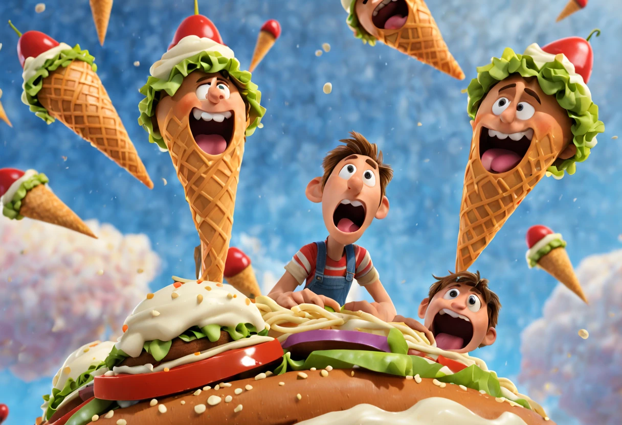 A scene from the movie "Cloudy with a Chance of Meatballs" with a detailed and vivid description of the food raining from the sky (best quality, 4k, 8k, high resolution, masterpiece: 1.2) ultra detailed (realistic, photorealistic, photography). -realistic: 1.37).(pixar style cartoon:1.2) representation of various types of food, such as hamburgers, hot dogs, spaghetti and ice cream cones, shining with vibrant colors and textures. Food falls gracefully from the sky, defying gravity, clinging to the characters' hair, clothes, and faces. The characters, including Flint Lockwood and Sam Sparks, are amazed, their eyes wide with excitement and amazement. The scene is captured in a fun, cartoonish style, reminiscent of an animated film. The colors are bright and cheerful, with a touch of surrealism, as if the food came to life. The lighting is soft and warm, casting a soft glow on the characters and the falling food, creating a welcoming atmosphere. Overall, the scene is a joyful celebration of food, imagination, and the sheer wonder of unexpected miracles.