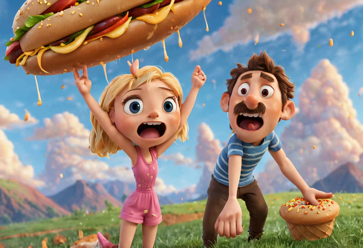 A scene from the movie "Cloudy with a Chance of Meatballs" with a detailed and vivid description of the food raining from the sky (best quality, 4k, 8k, high resolution, masterpiece: 1.2) ultra detailed (realistic, photorealistic, photography). -realistic: 1.37).(pixar style cartoon:1.2) representation of various types of food, such as hamburgers, hot dogs, spaghetti and ice cream cones, shining with vibrant colors and textures. Food falls gracefully from the sky, defying gravity, clinging to the characters' hair, clothes, and faces. The characters, including Flint Lockwood and Sam Sparks, are amazed, their eyes wide with excitement and amazement. The scene is captured in a fun, cartoonish style, reminiscent of an animated film. The colors are bright and cheerful, with a touch of surrealism, as if the food came to life. The lighting is soft and warm, casting a soft glow on the characters and the falling food, creating a welcoming atmosphere. Overall, the scene is a joyful celebration of food, imagination, and the sheer wonder of unexpected miracles.