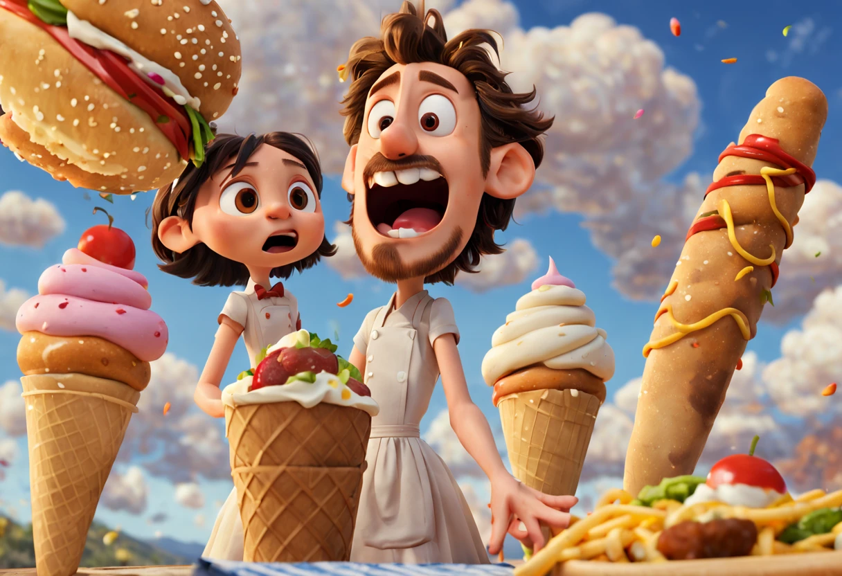 A scene from the movie "Cloudy with a Chance of Meatballs" with a detailed and vivid description of the food raining from the sky (best quality, 4k, 8k, high resolution, masterpiece: 1.2) ultra detailed (realistic, photorealistic, photography). -realistic: 1.37).(pixar style cartoon:1.2) representation of various types of food, such as hamburgers, hot dogs, spaghetti and ice cream cones, shining with vibrant colors and textures. Food falls gracefully from the sky, defying gravity, clinging to the characters' hair, clothes, and faces. The characters, including Flint Lockwood and Sam Sparks, are amazed, their eyes wide with excitement and amazement. The scene is captured in a fun, cartoonish style, reminiscent of an animated film. The colors are bright and cheerful, with a touch of surrealism, as if the food came to life. The lighting is soft and warm, casting a soft glow on the characters and the falling food, creating a welcoming atmosphere. Overall, the scene is a joyful celebration of food, imagination, and the sheer wonder of unexpected miracles.