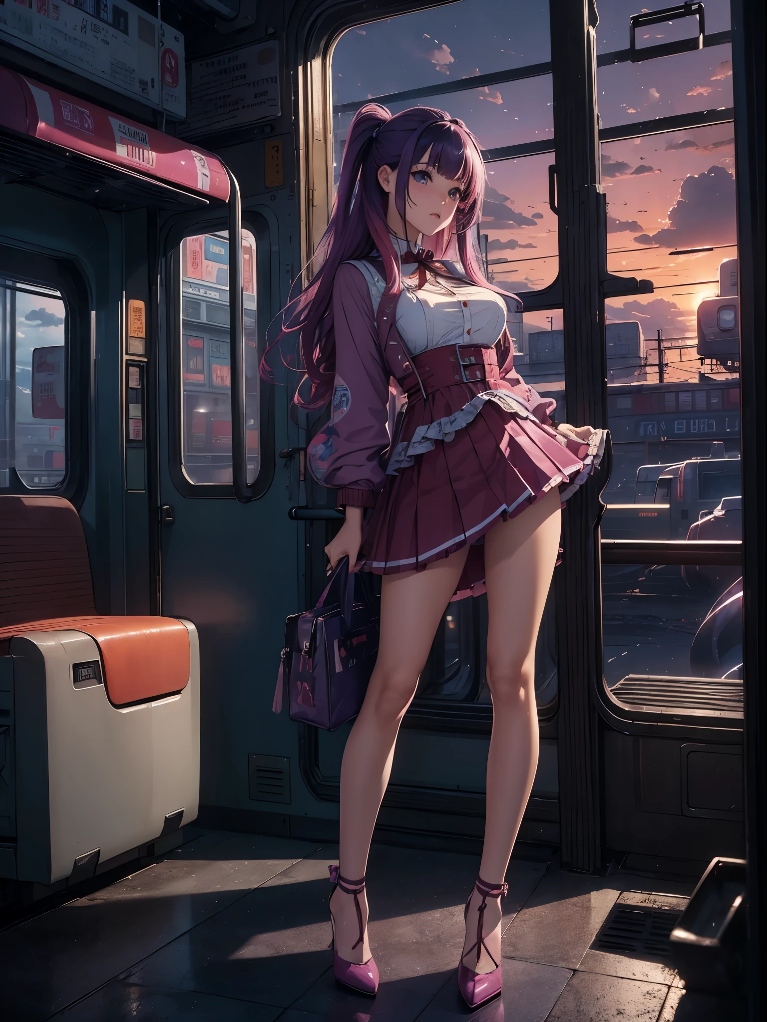 magenta tint、Vibrant colors、((tmasterpiece)))、(((quality)))、((ultra - detailed))、(Surreal)、(Very detailed CG illustration)、Cinematic lightinidsummer、The glorious 1980s、1个Giant Breast Girl,Cool beauty、cochetti gorgeous、incomparable beauty、Hair color、Rock music、jaqueta de couro、Superskirt、(high-heels),perfectly proportions、Perfectcomposition、((twilight,trains,Cloud)),