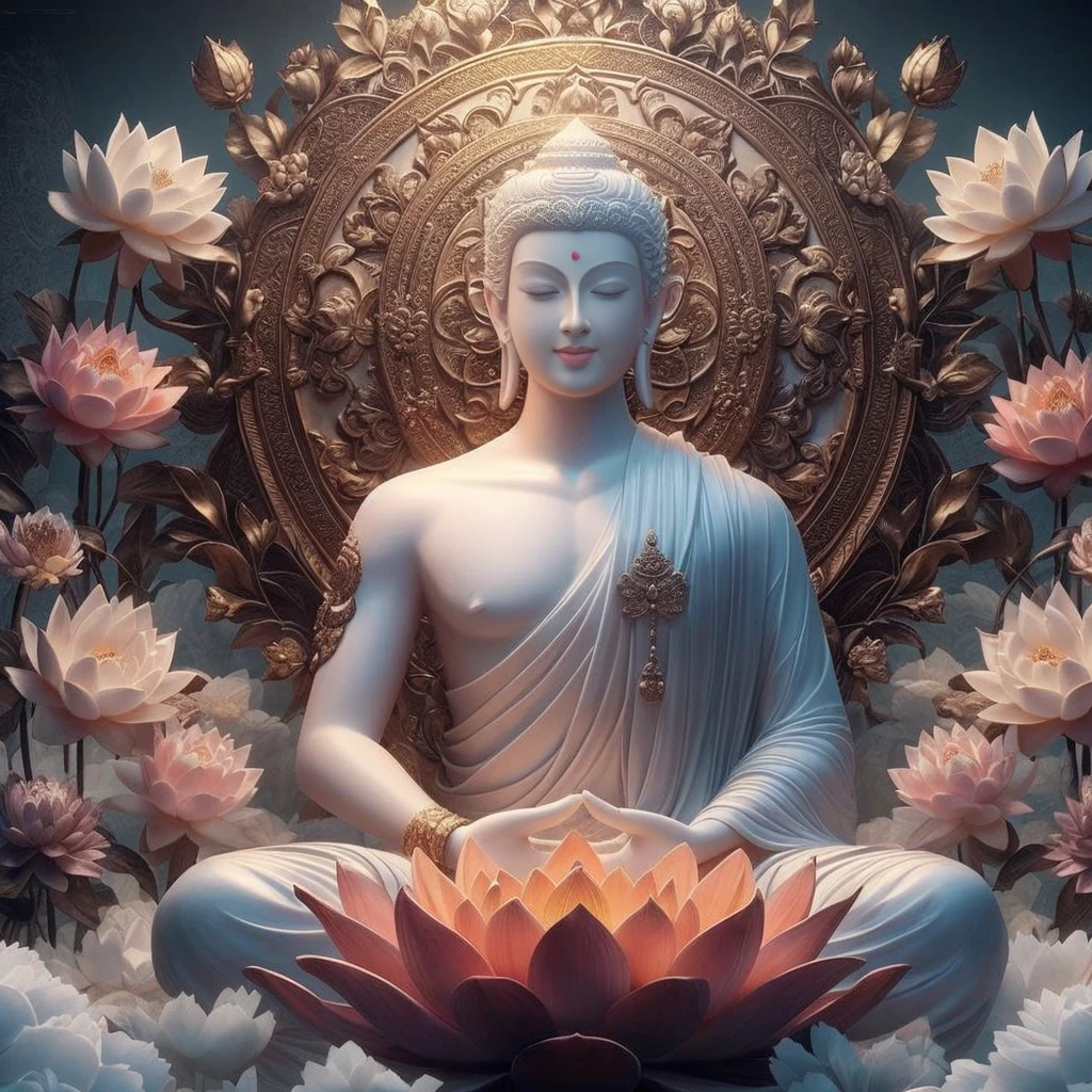 พระBuddhistเจ้า statue sitting in lotus position with flowers in background, the พระBuddhistเจ้า, ศาสนาBuddhist, attractive male deity, Buddhist, พระBuddhistเจ้า, enlightenment. intricate, Buddhist art, sitting on a lotus flower, samsara, beautiful image, hindu aesthetic, Mysterious purity, standing gracefully upon a lotus, lotus, Beautiful depictions, Hindu Meditation Steps, on path to enlightenment, White-Haired Angel