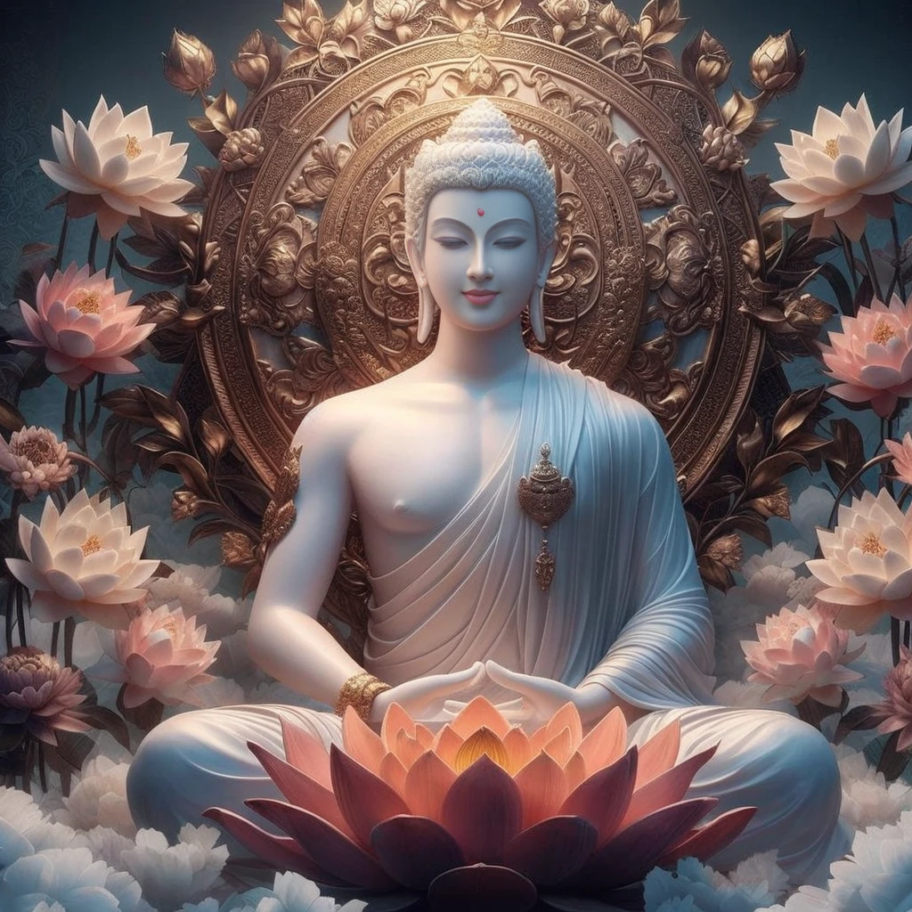 พระBuddhistเจ้า statue sitting in lotus position with flowers in background, the พระBuddhistเจ้า, ศาสนาBuddhist, attractive male deity, Buddhist, พระBuddhistเจ้า, enlightenment. intricate, Buddhist art, sitting on a lotus flower, samsara, beautiful image, hindu aesthetic, Mysterious purity, standing gracefully upon a lotus, lotus, Beautiful depictions, Hindu Meditation Steps, on path to enlightenment, White-Haired Angel