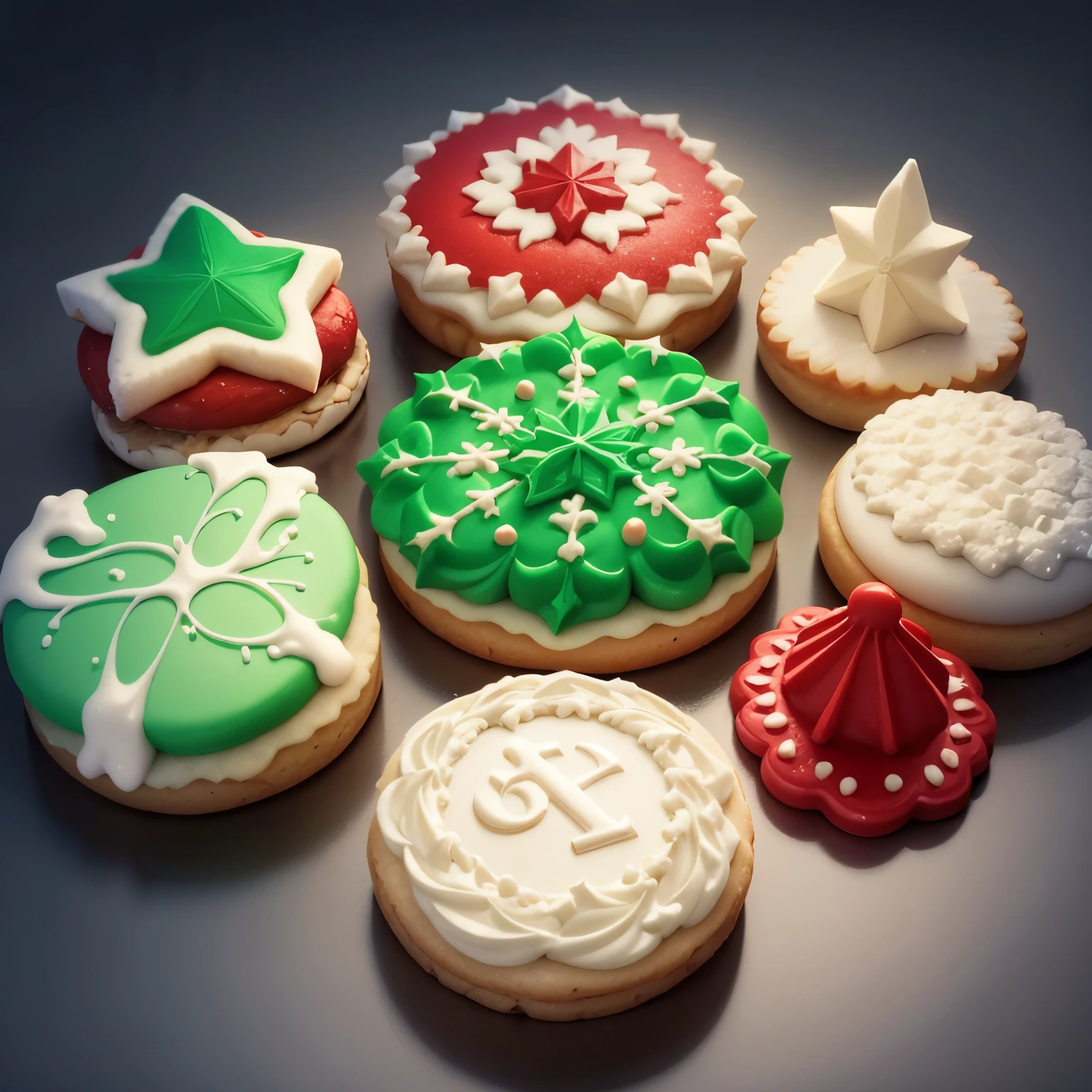 Tableau with Christmas-themed icing cookies, In a variety of shapes and colors, Realistically rendered, photo-like style.