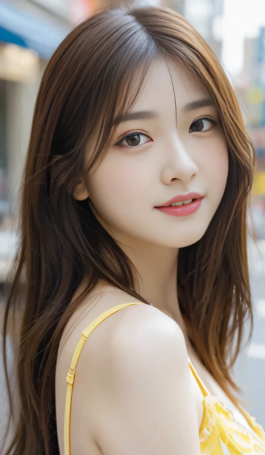 Angel Very Beautiful and Cute Girl, Beautiful detailed eyes, Detailed double eyelids, (largeeyes:1.3),long eyelashes, See-through bang, (beautiful detailed face and eyes:1.4), small nose, small mouth, Beautiful long hair, Happy smile with bare teeth, (Best Quality:1.2), Raw photo, High resolution, perfect detail, Professional Photography, full body shot of,Professional Lighting,BREAK has large round breasts、yellow provocative panties、yellow exciting bra、Walking,Beautiful legs, In the city,Brown hair,