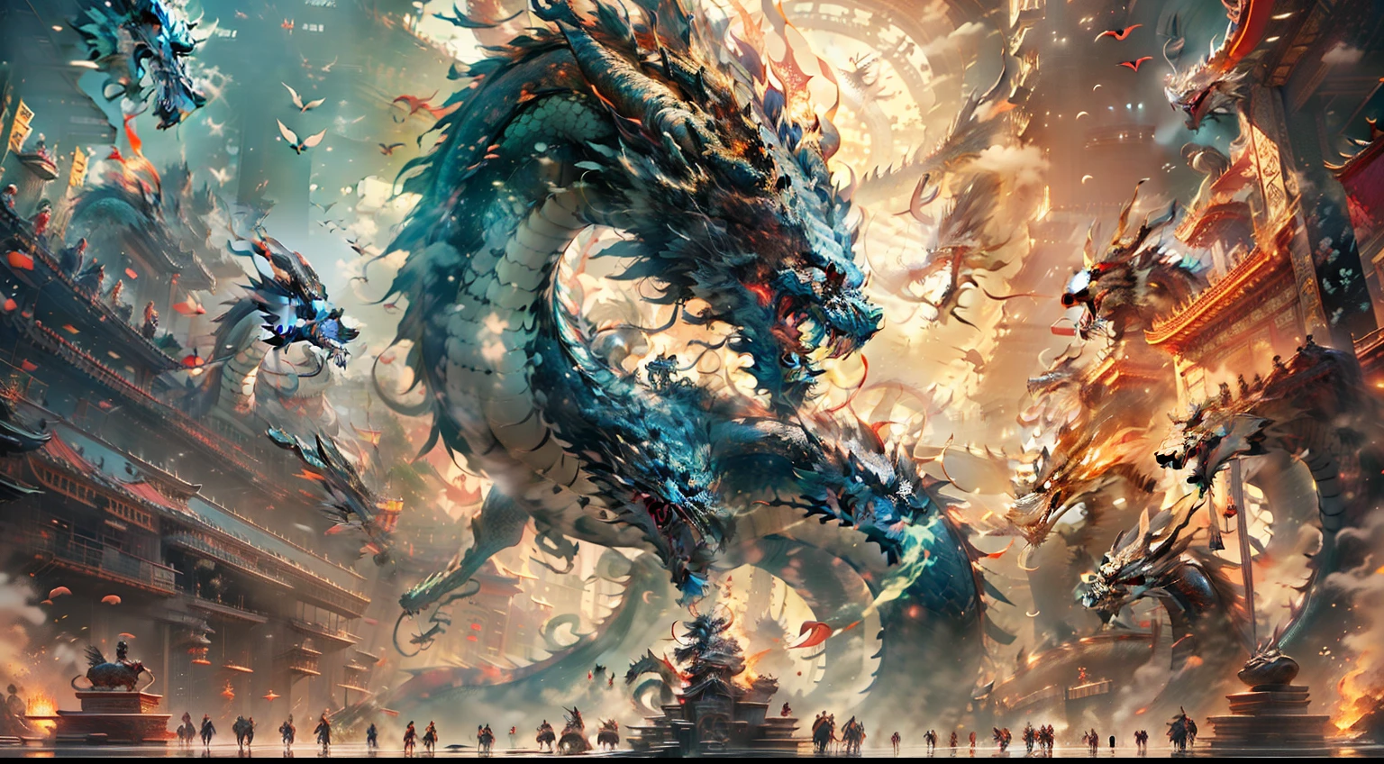 (NOhumans,Nine Chinese black dragons rise into the sky,Behind the ornate hanging palace) (Add a little background: ,Cotai Strip,Void),chinesedragon