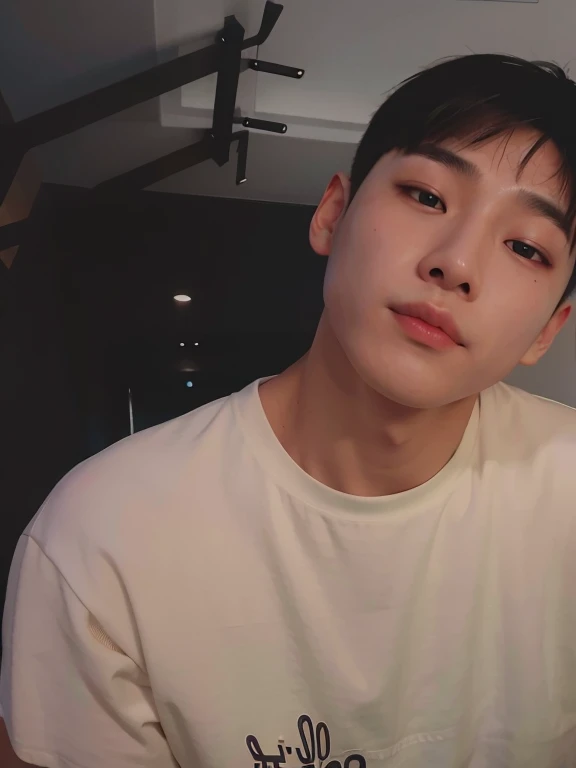 there is a man wearing a white shirt and looking at the camera, wan adorable korean face, Inspirado em Jeonseok Lee, Shinji, korean muscle boy 2 1 years old, Taehyung comendo batatas fritas Gucci, jovem rosto coreano olhar maduro