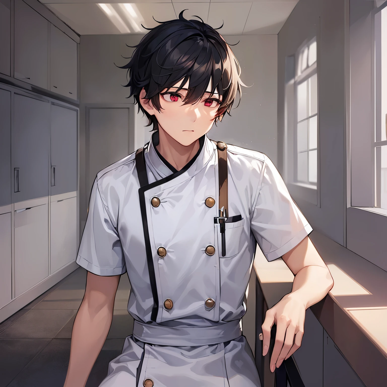 during daytime、(looking away:1.5), ​masterpiece、hightquality、(25 year old man with short black hair and red eyes:1.5)、White Chef&#39;s Uniform、(Alone:1.5)、(expressionless:1.1)、sitting on、The background is the locker room、Bold composition、