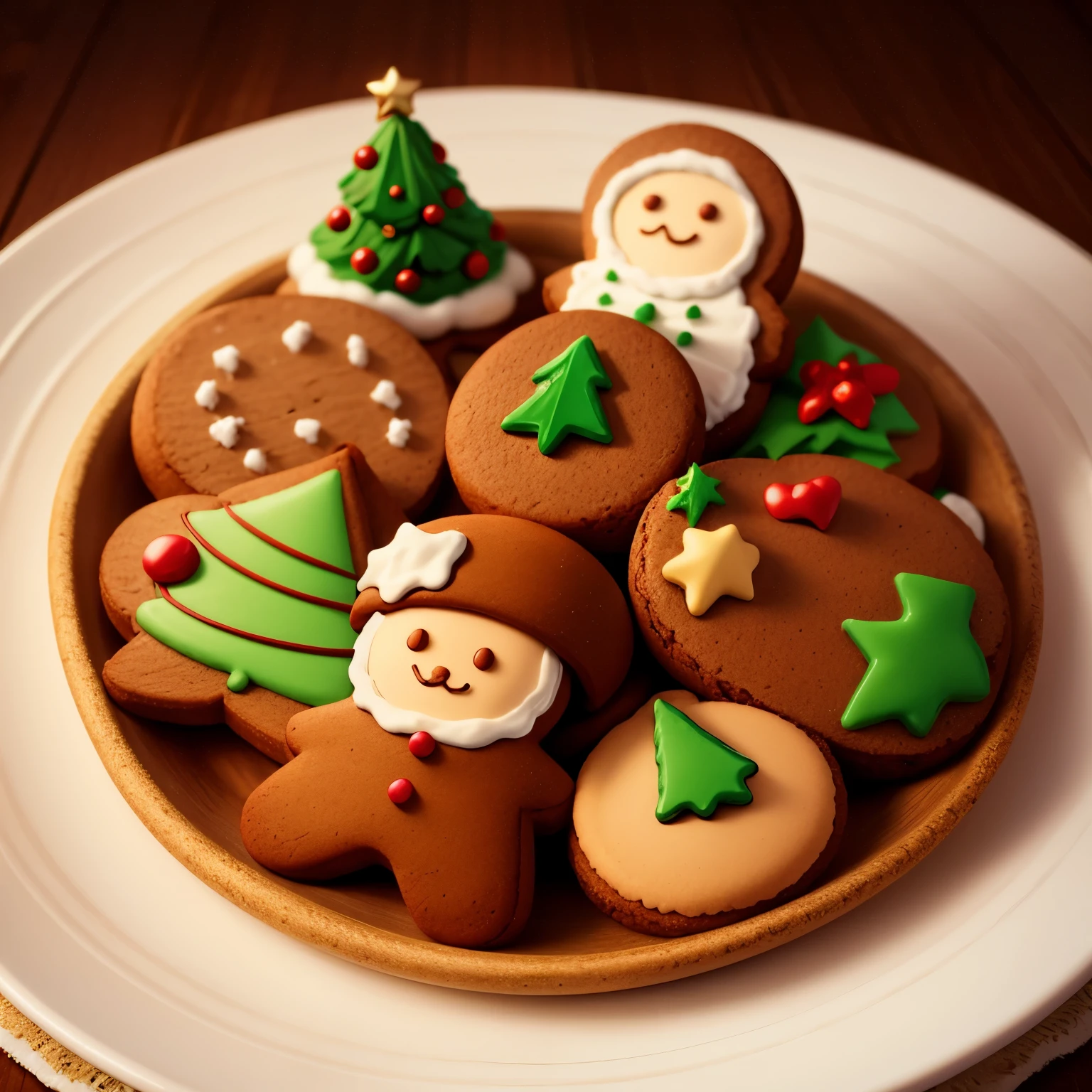 Tableau with Christmas-themed gingerbread cookies, In a variety of shapes and colors, Realistically rendered, photo-like style.