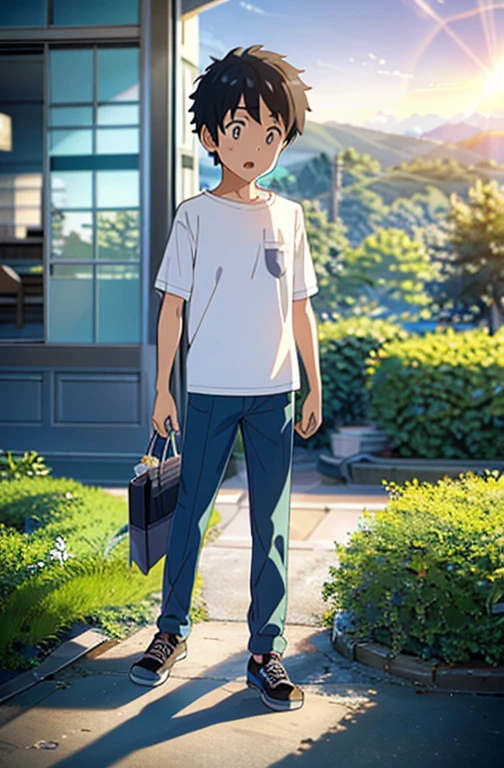 1boy, front view, from distance, curly hair, standing, eating icicle, looking up,bus stop in the background, holding a plastic bag, wearing large denim pants, wearing vans shoes, wearing oversize brown t-shirt, sunset light, movie still, emotional lighting, perfect face, beautiful eyes, perfect anatomy, best quality, 8k, ultra-high res, shot on dslr, depth of field, warm colors, sunny day, masterpiece, cute boy