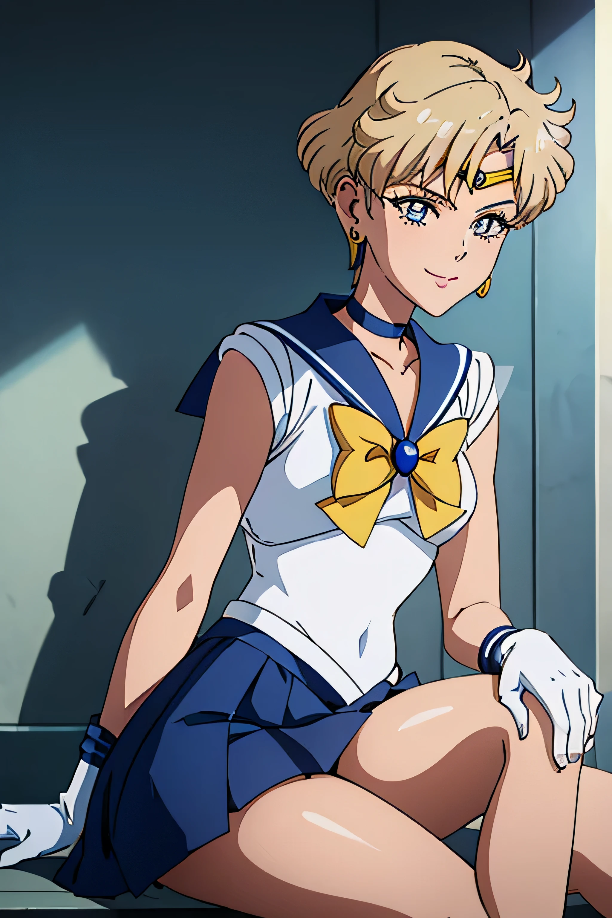 (La mejor calidad:1.1), (Obra maestra:1.4), (absurdos:1.0), retrato, primer plano,1girl, Marinero Urano, KizukiAi, Mujer madura, small breasts, aqua eyes, cabello rubio, Uniforme Sailor Senshi, Collar de marinero, arco de pecho, Arco trasero, Falda suplicante, Guantes blancos de codo, big booty, Ultra minifalda , jewely, Pendientes, falda plisada , Collar marinero azul, minifalda, gargantilla, blue gargantilla, Guantes blancos, pelo corto, jewely, Pendientes, sentada, Piernas cruzadas, muy sexy. PIERNAS ENROSCADAS, Show loot, (They are smiling)