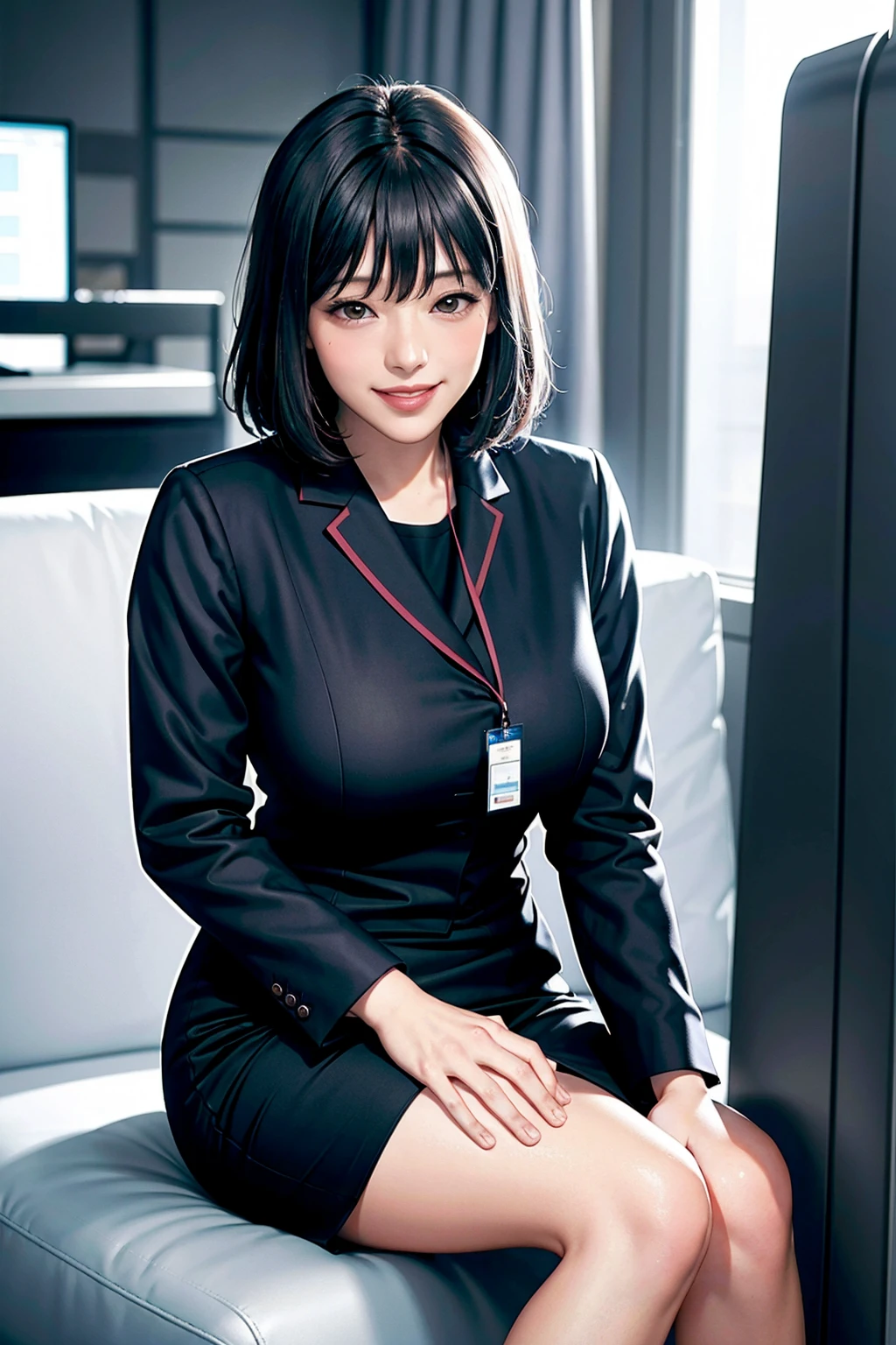 (modern office indoors), 1lady, solo, (black medium hair), bangs, (suit), jacket), (pencil_skirt), (black pantyhorse), ((id card)), blush kind smile, (masterpiece best quality:1.2), delicate illustrations, high resolution, super detail