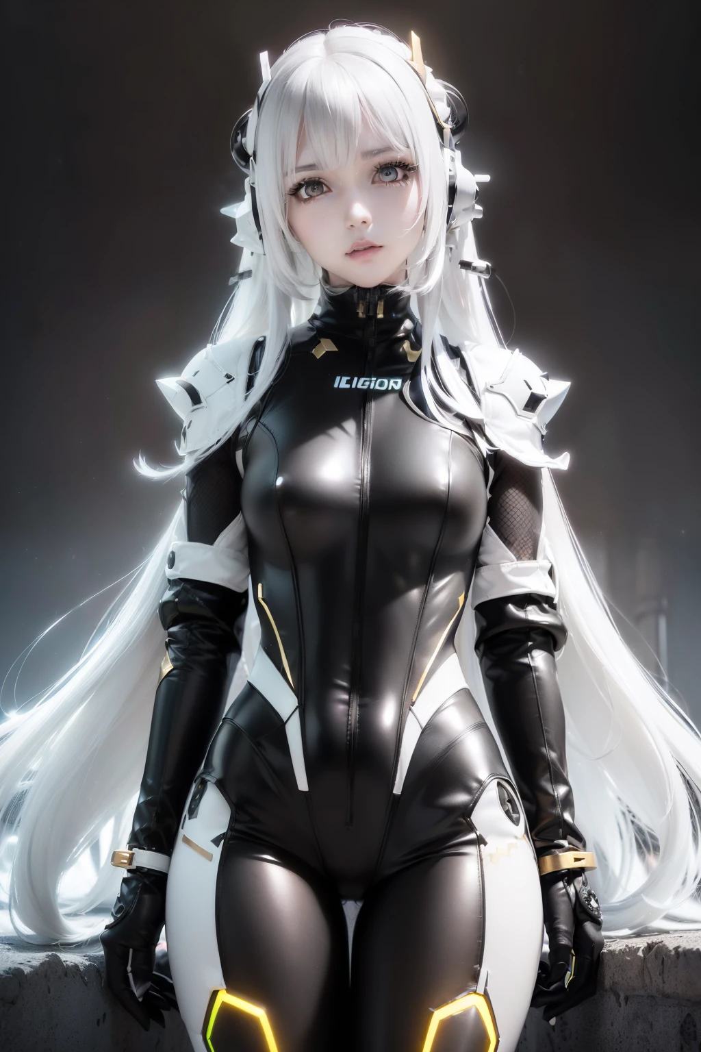 Arknights girl (masterpiece), best quality, expressive eyes, (((in hyper realistic and detailed neon-lit sci-fi plugsuit black, white & golden armor, aethereal aesthetic style))) beauty korean idoll, intricate perfect beauty cute face, detailed sharp eyes, hyper realistic and detailed hair, (((from face to the waist))), (((beauty slim shape))), 4k, UHD