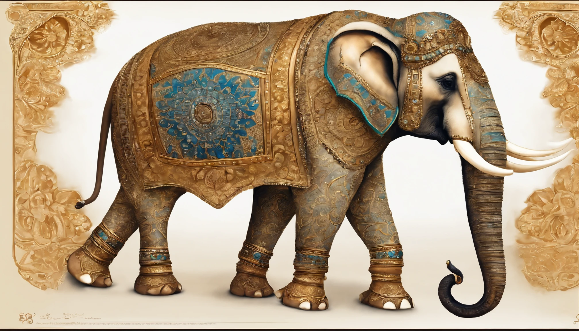 Gorgeous Hindu elephant, full body decorated with Indian culture, 90° on the side, side view, lateral, four feet, two tusks, blue and gold ornaments, Indian art, watercolour style, not photo, realism, endless type