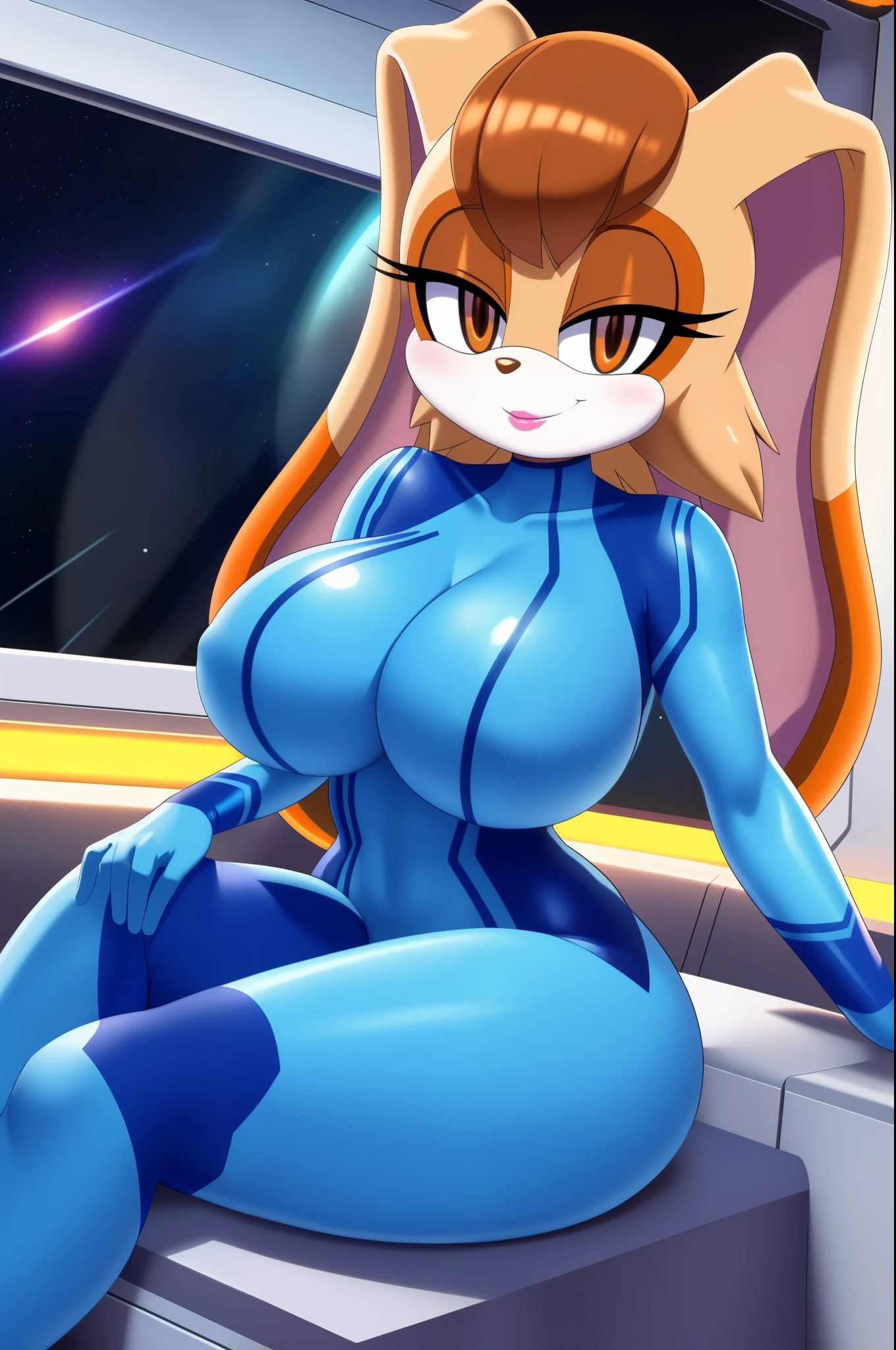 1girls,Vanilla the rabbit huge_breasts,bursting breasts, brown_hair busty dipstick_ear, female,cleavage, female_solo,blue suit,zero suit,skin tight suit, indoors, space ship,smirk,anime screencap, lipstick, milf, looking at viewer, dynamic pose