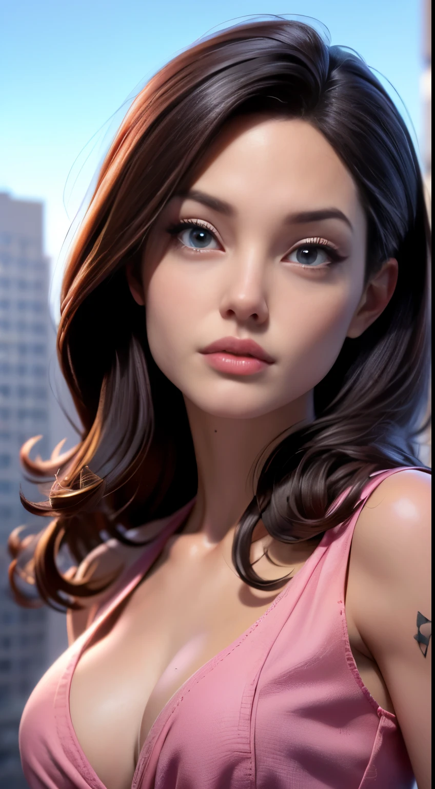 photo of Angelina Jolie, RAW, beautiful woman, ((portrait)), ((detailed face:1.2)), ((detailed facial feature, detailed skin, clear skin), (perfect proportioned body), (wearing a colorful dress) (high detailed city environment, apartment balcony), (realistic photo, best quality, detailed), (8k wallpaper), (cinematic lighting, dramatic lighting) (sharp focus, intricate)