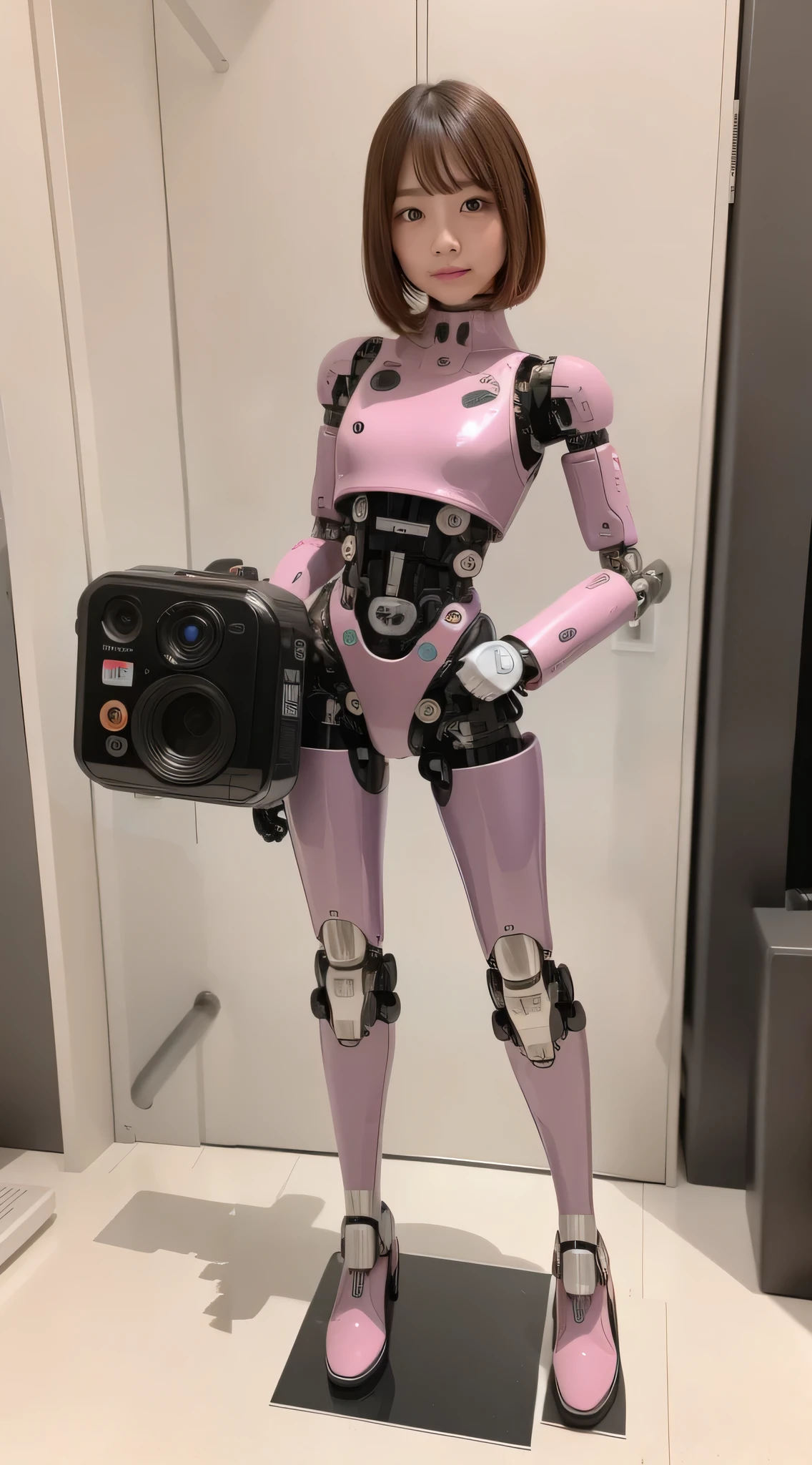Robot Girl, pink there, Silver, Metallic body, Robot Parts, Metal Parts, Super Detailed Face, Super well-formed face, of the highest quality, a small face, small head, Brown hair, Slender body, Camera gaze, Internal Mechanical Exposure, Idol, front facing, Well-proportioned body, sale, Exhibited, Event Hall, Moe Pose, pink thereメタリックロリータドレスマシンアーマー, Standing with legs open, Model body type, sad, Embarrassing,(Perfect Robot Girl),(Perfect machine body)