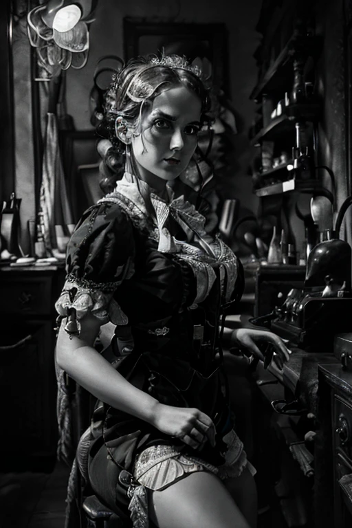 (best quality, highres), retro lighting, vintage film grain, detailed facial expression, faux Victorian era clothing, dramatic pose, sexy mad  scientist, electrical lab equipment in the background,