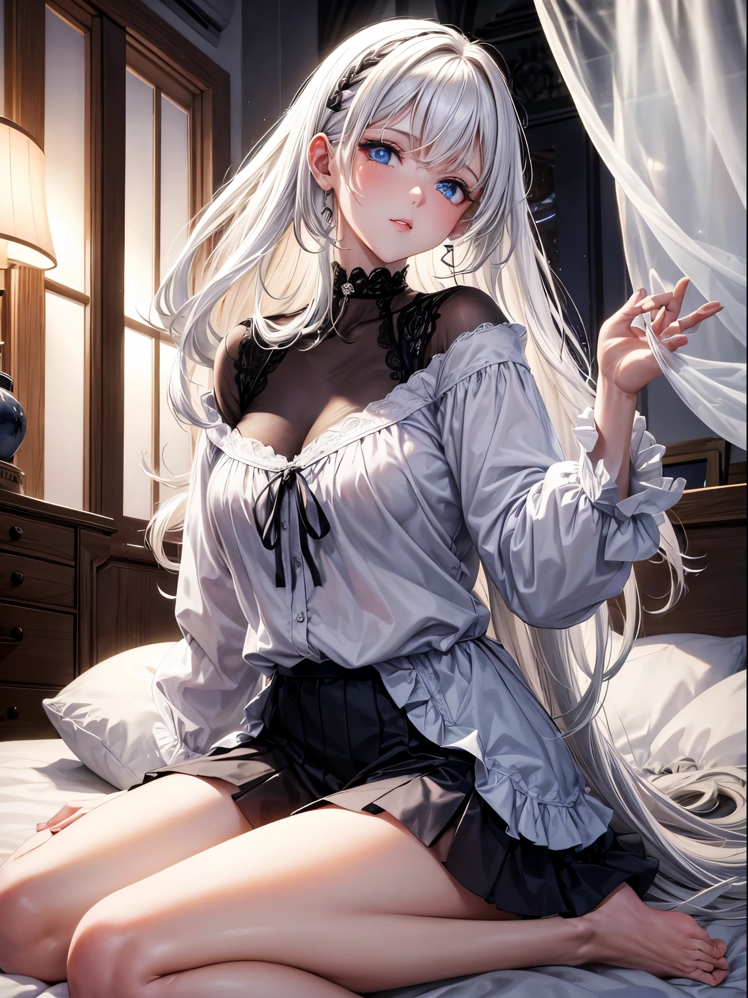 (Mujer) de pelo blanco, (con orejas de gato) y ojos azules, (con senos grandes) y caderas anchas, en un cuarto oscuro, sentada en la cama, ((con ropa interior sexy))