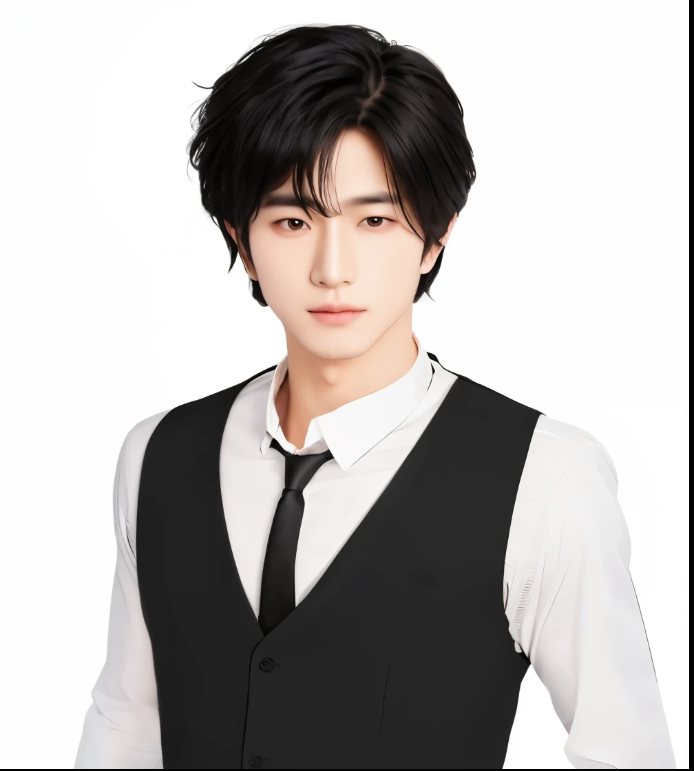 Asian boy with a vest and black tie, perfect jaw, pointed nose, black hair, brown eyes, realistic ultra details