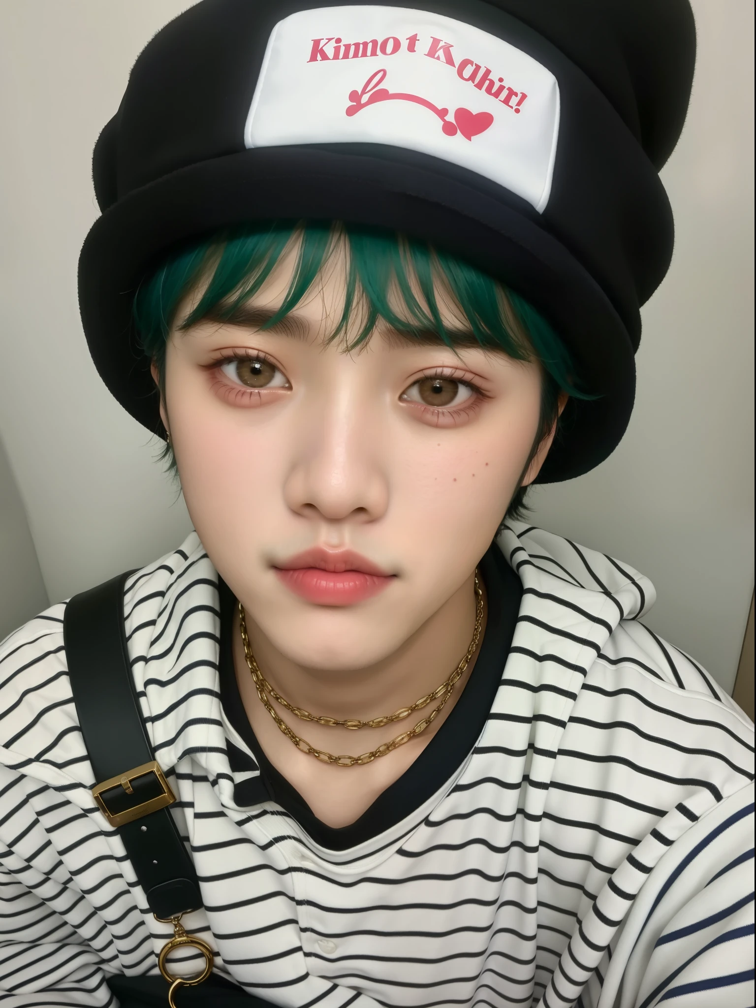 un primer plano de una persona que lleva un sombrero con una etiqueta, Kim Doyoung, Ulzzang masculino, Hyung Tae, jungkook, Cai Xukun, Jinyoung Shin, Hong June Hyung, Jimin\swollen right eyelid, Wan adorable cara coreana, ulzzang, Taejune Kim, Penetrante ojos claros, Taehyung comiendo papas fritas Gucci, ojos penetrantes azul claro