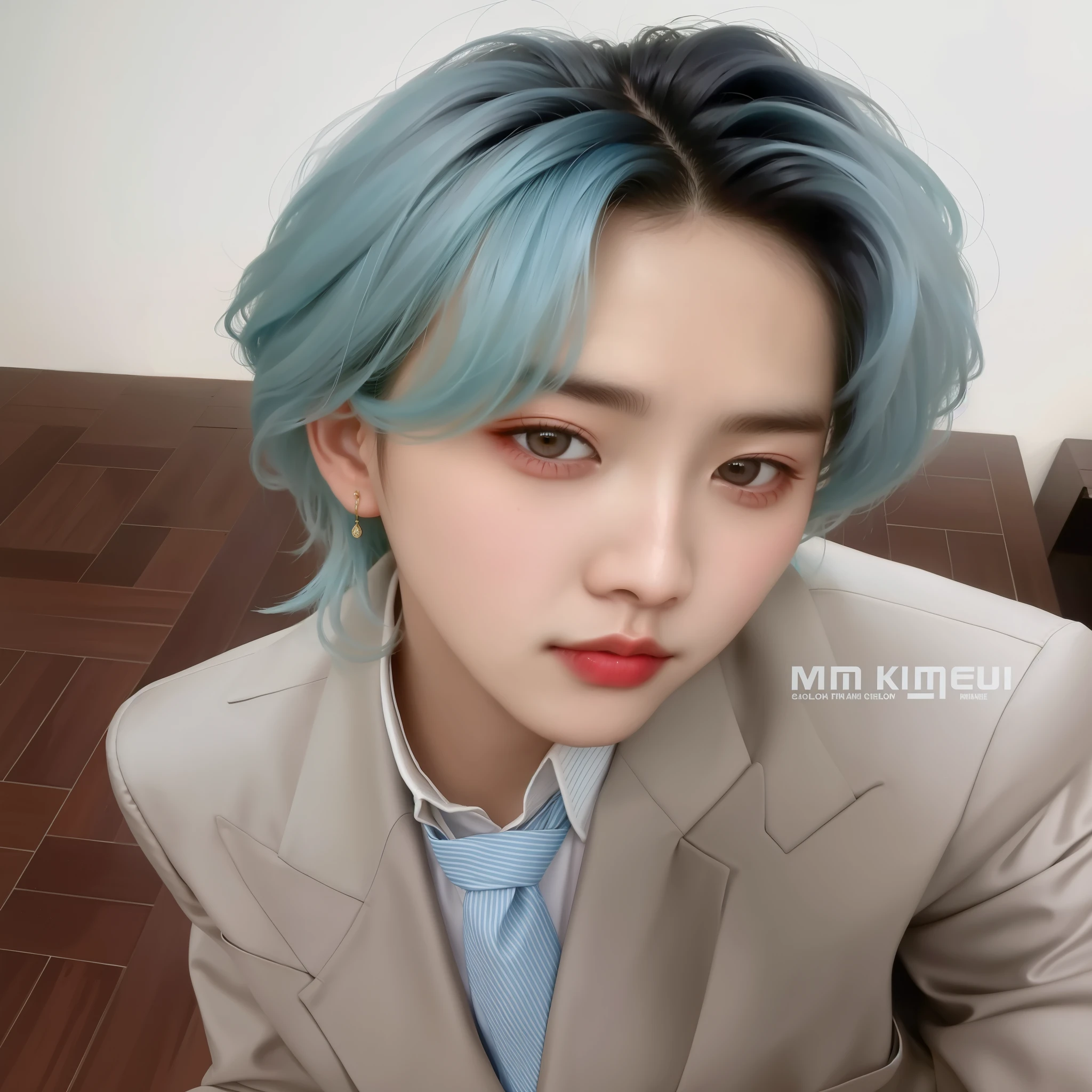 Hay un hombre de pelo azul con traje y corbata, Cai Xukun, Jung Jaehyun, Steven Jung, Jimin\swollen right eyelid, Tiene pelos grises oscuros, Jinyoung Shin, Yanjun Chengt, Hyung Tae, con piel azul, Ulzzang masculino, tumblr, Taejune Kim, Kim Doyoung, inspirado por Yanjun Cheng