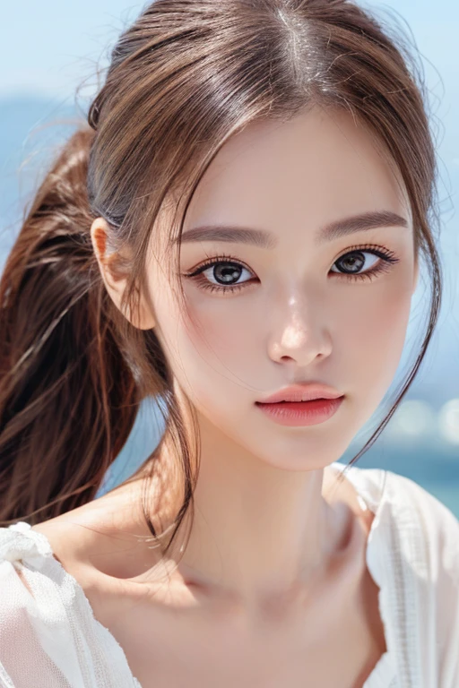beautiful women, ponytail hair, ultra-detailed face, ultra-detailed eyes, double eyelid, ultra-detailed lips, res.photo realistic: 1.4, UHD, masterpiece, high details, high quality, best quality, highres, photorealistic:1.5, outdoor,