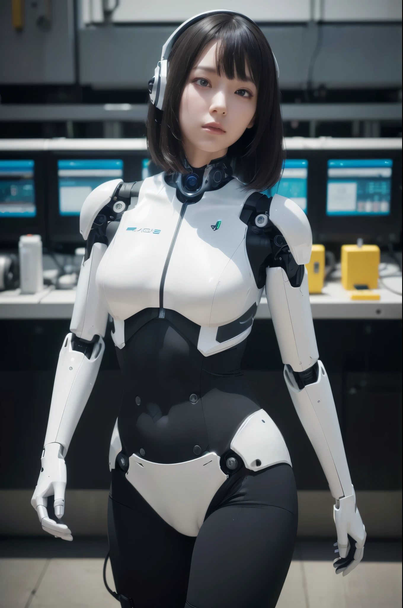 (photorealistic:1.4), (RAW photo)masterpiece, best quality, extremely detailed, (8K, 4K, Best Quality, hight resolution, 超A high resolution:1.1), (masutepiece, Realistic, Photorealsitic:1.1),8k portrait, Japaese android Girl,Plump , dark black leg cover,announcer,control panels,android,Droid,Mechanical Hand, Robot arms and legs, Black Robot Parts,Black hair,Mechanical body,Blunt bangs,White abdomen,white body suits,White robotics parts,perfect robot woman,future laboratory,cyber pank,charging spot,laboratory,long tube,thick cable connected her neck,ceramic body ,full eyes,striking eyes,perfect mechanical body, white robot body,lod antenna,mechanical ear cover,android,robot humanoid,black sponge joints,The removable red cover is in the groin,The connection port is in the groin