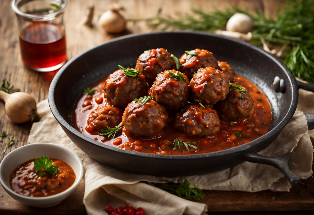 (best quality,8k,highres,masterpiece:1.2),ultra-detailed,(realistic,photorealistic,photo-realistic:1.37),professional,gastronomy photography,close-up,delicious meatballs in sauce,crispy texture,freshly cooked meatballs,tantalizing sauce,rich color palette,beautifully plated,professional lighting,vibrant colors,high contrast,juicy onions,aromatic herbs and spices,appetizing composition,savory aroma,artistic angle,meticulously captured,culinary artistry,fine dining,food styling,sensory experience,mouthwatering,rich depth of field,subtle shadows,detail-oriented,inviting presentation,elevated cuisine,flavorful,stunning visual,authentic delicacy